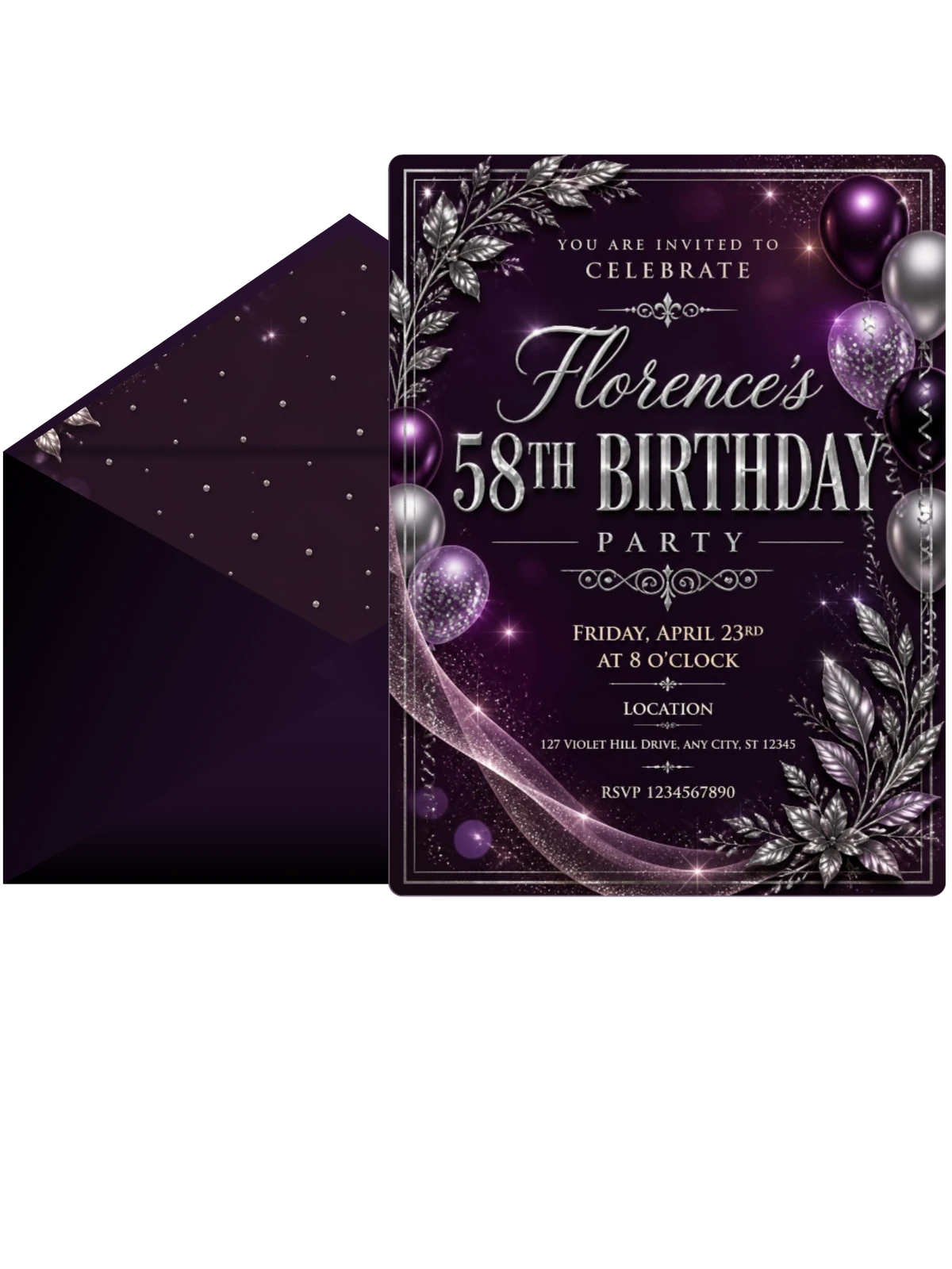 Plum and Silver 58th Birthday Invitation