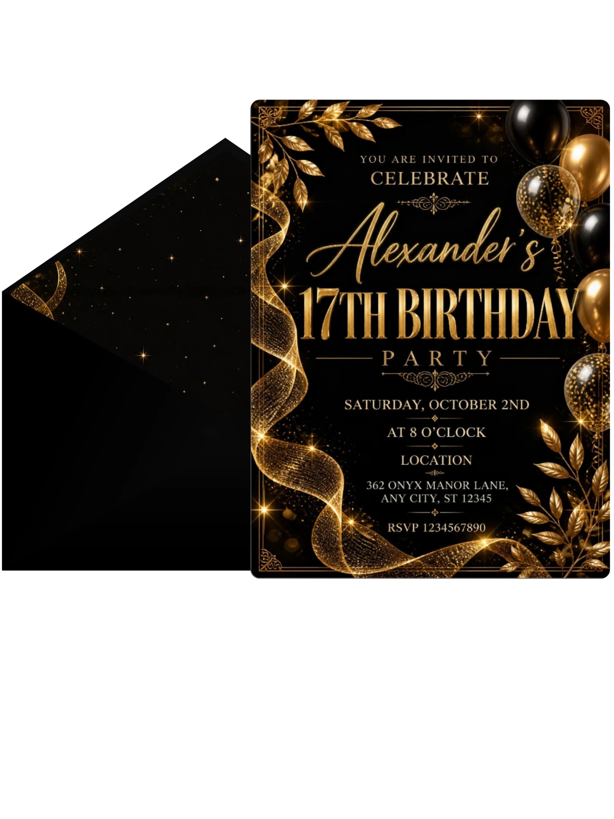 Black and Gold 17th Birthday Invitation
