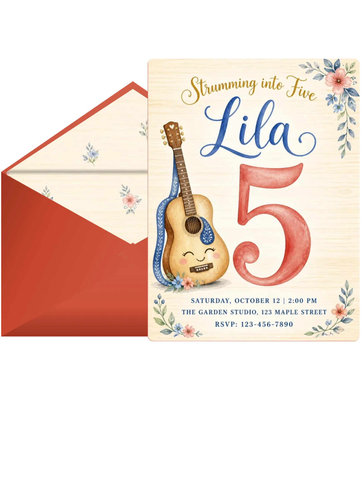 Watercolor Acoustic Guitar 5th Birthday