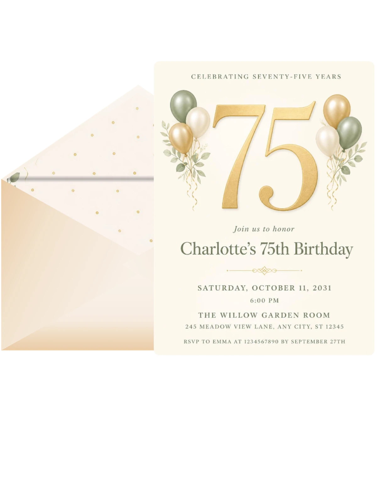 Sage and Ivory 75th Birthday Invitation