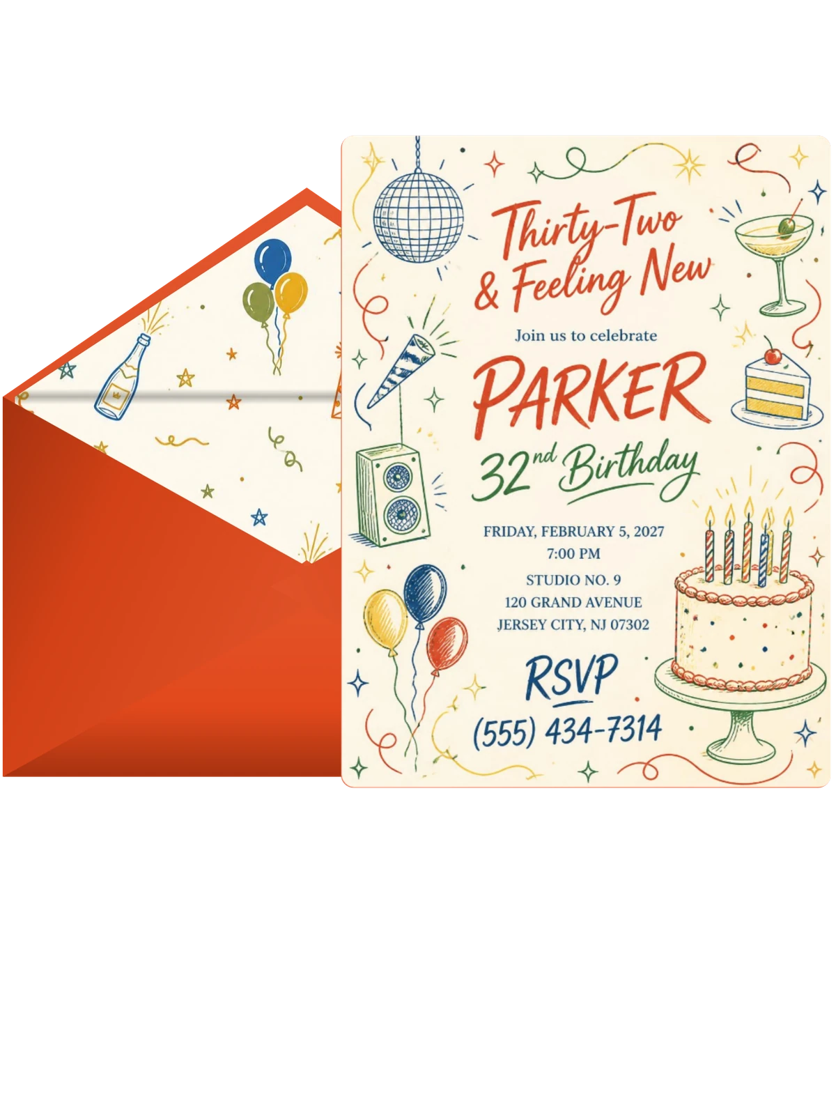 Retro Doodle 32nd Birthday Invitation