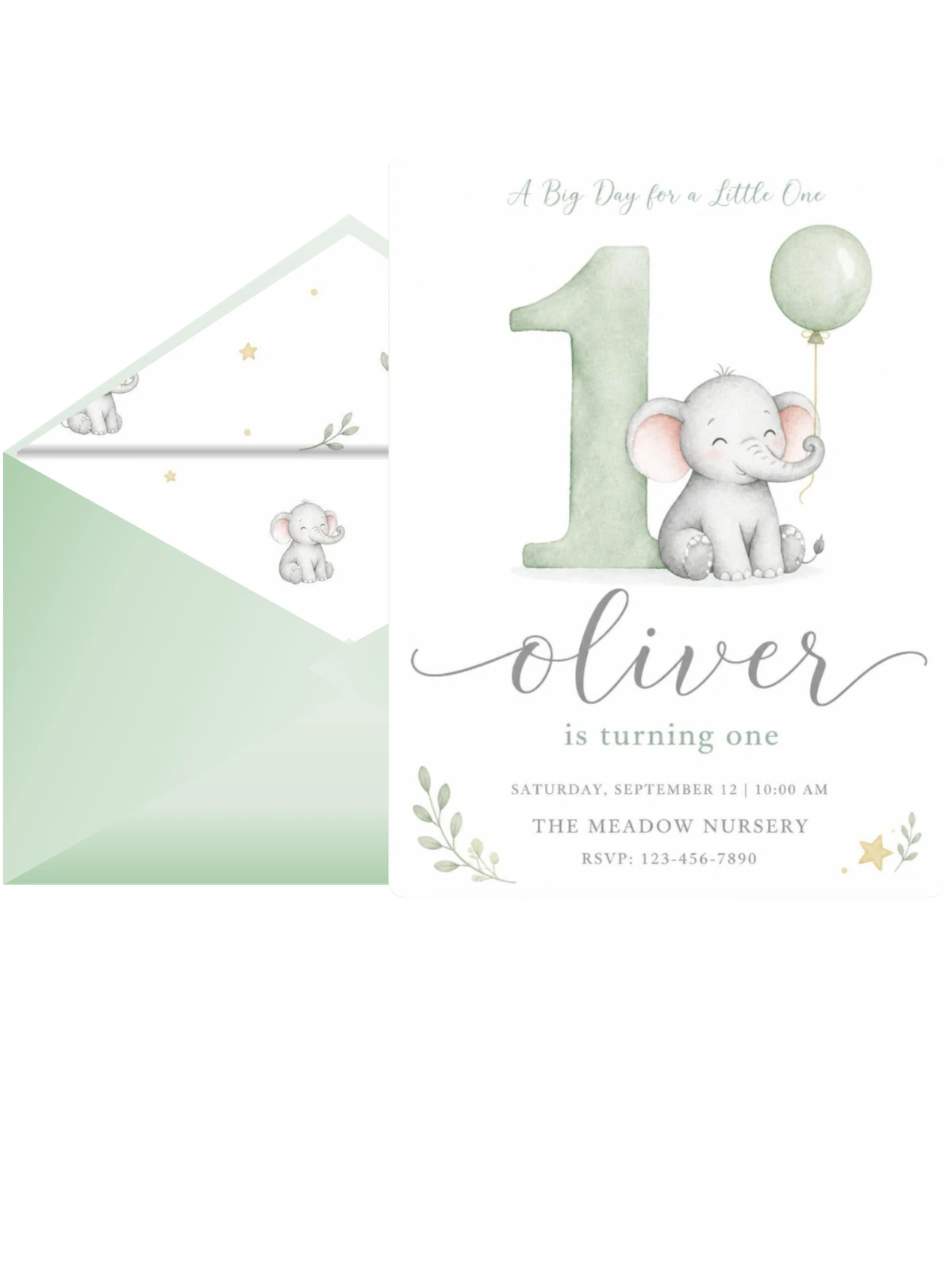 Sage Watercolor Elephant 1st Birthday
