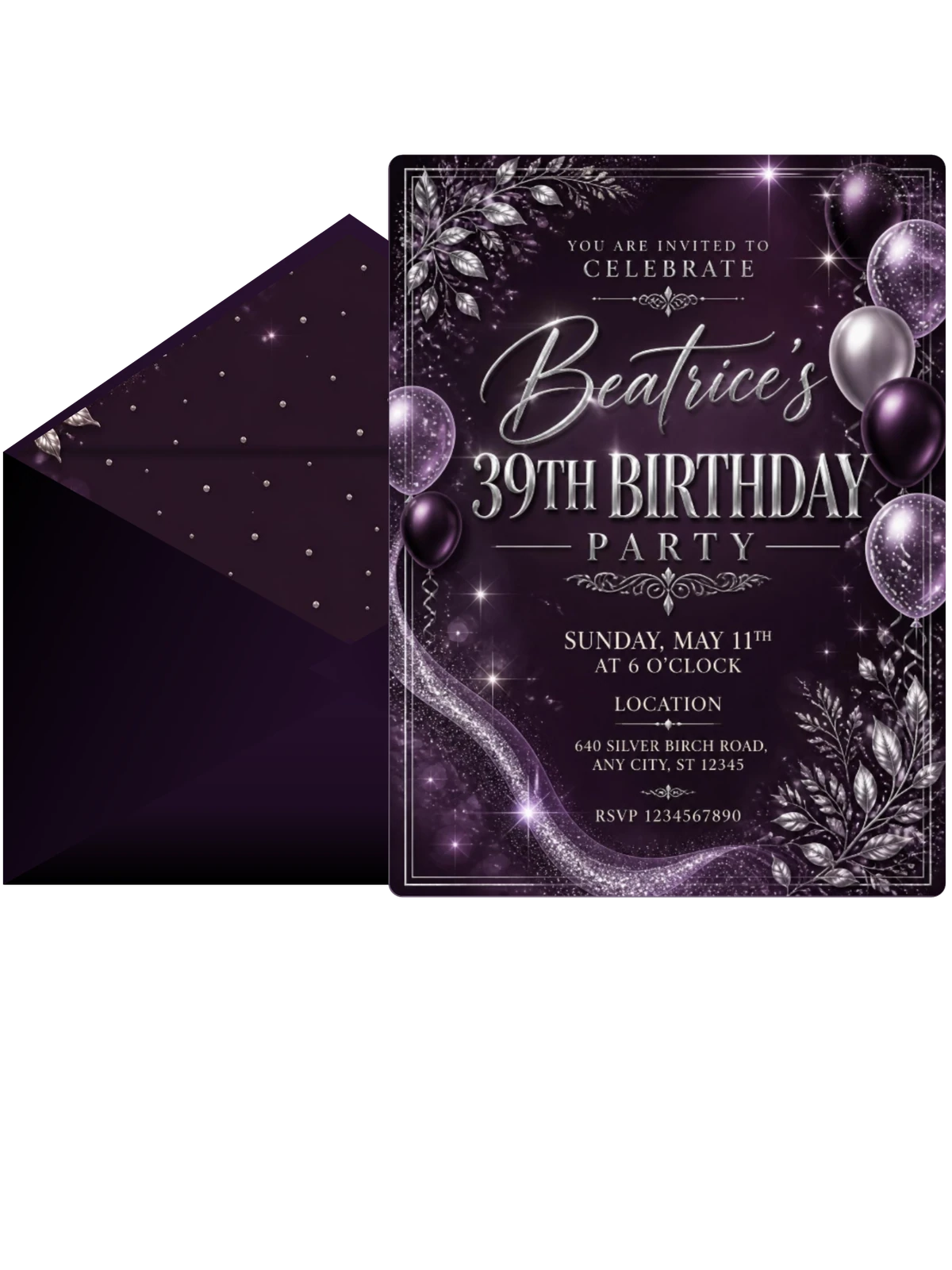 Plum and Silver 39th Birthday Invitation
