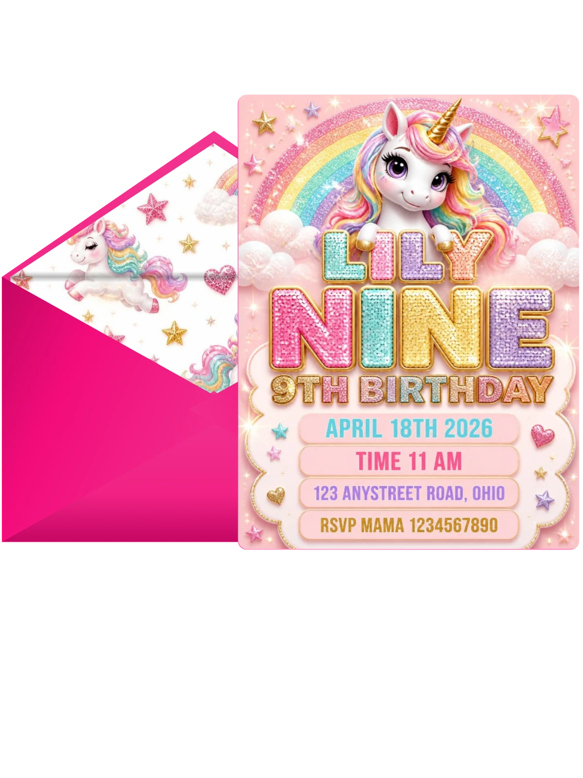Glitter Unicorn 9th Birthday Invitation