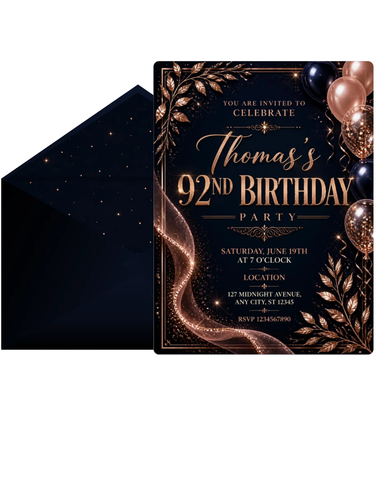 Navy and Rose Gold 92nd Birthday Invitation