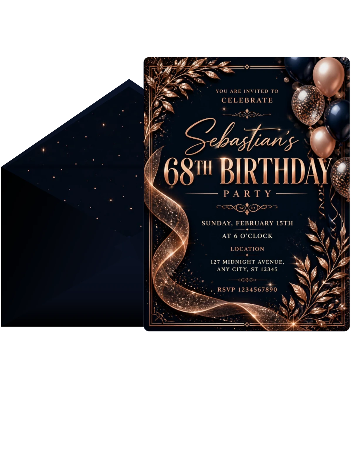 Navy and Rose Gold 68th Birthday Invitation
