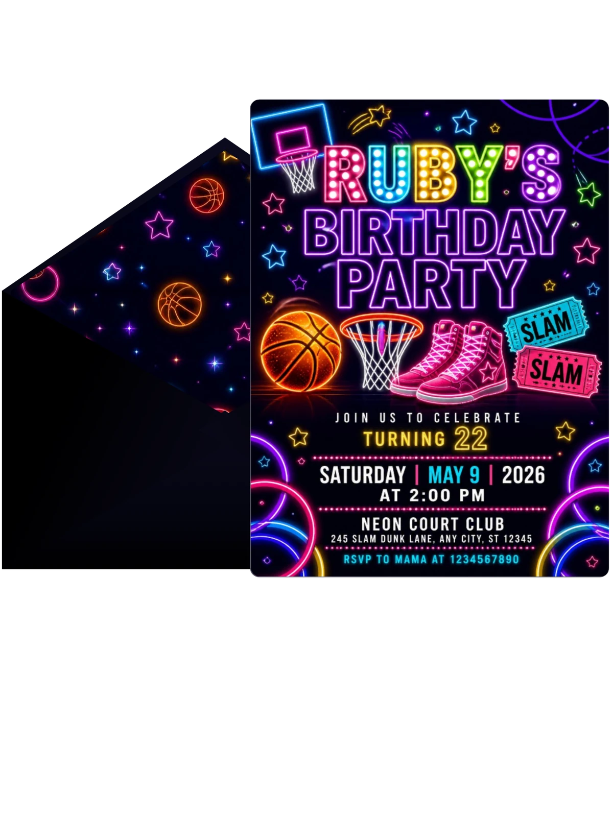 Neon Basketball 22nd Birthday Invitation