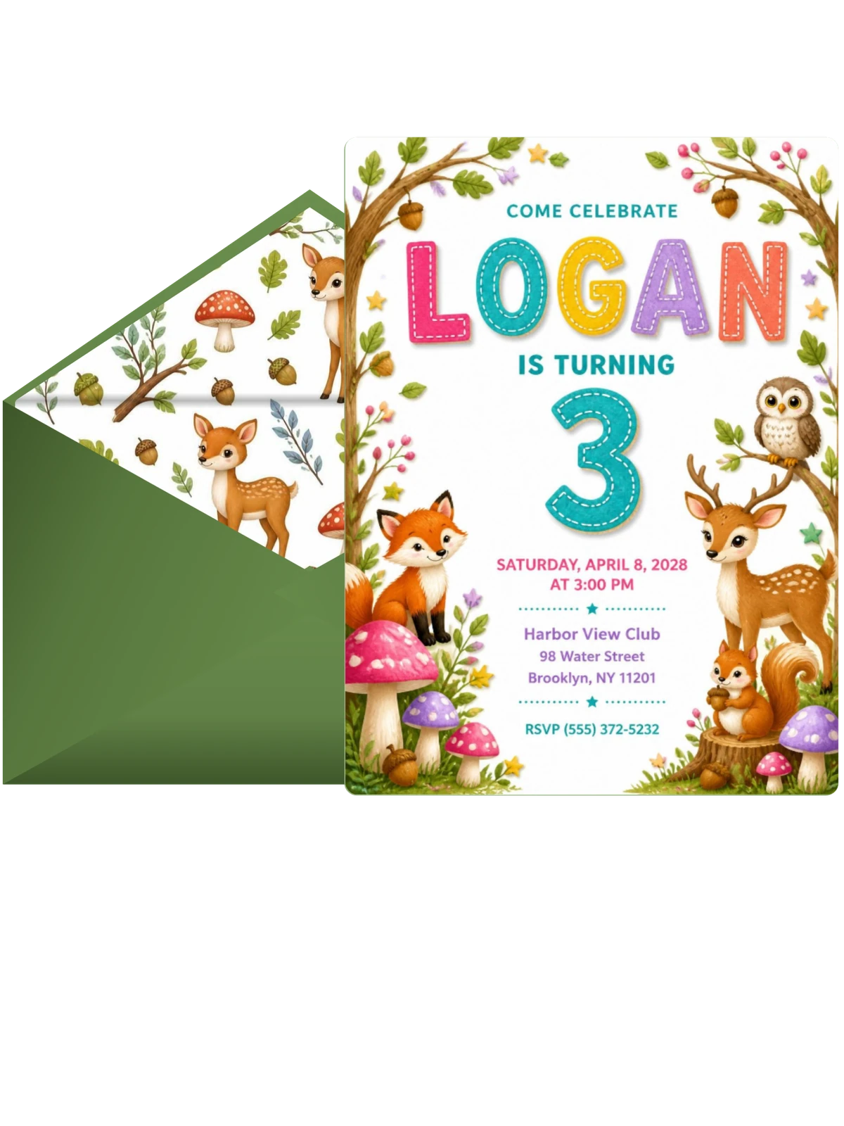 Stitched Woodland 3rd Birthday Invitation