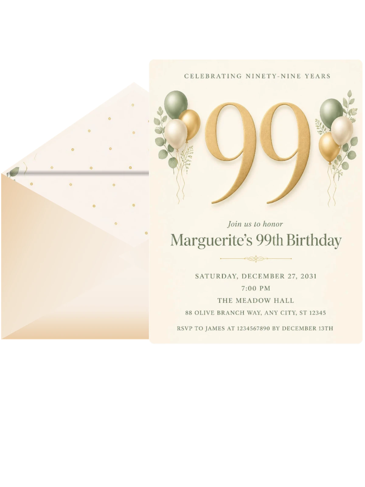 Sage and Ivory 99th Birthday Invitation