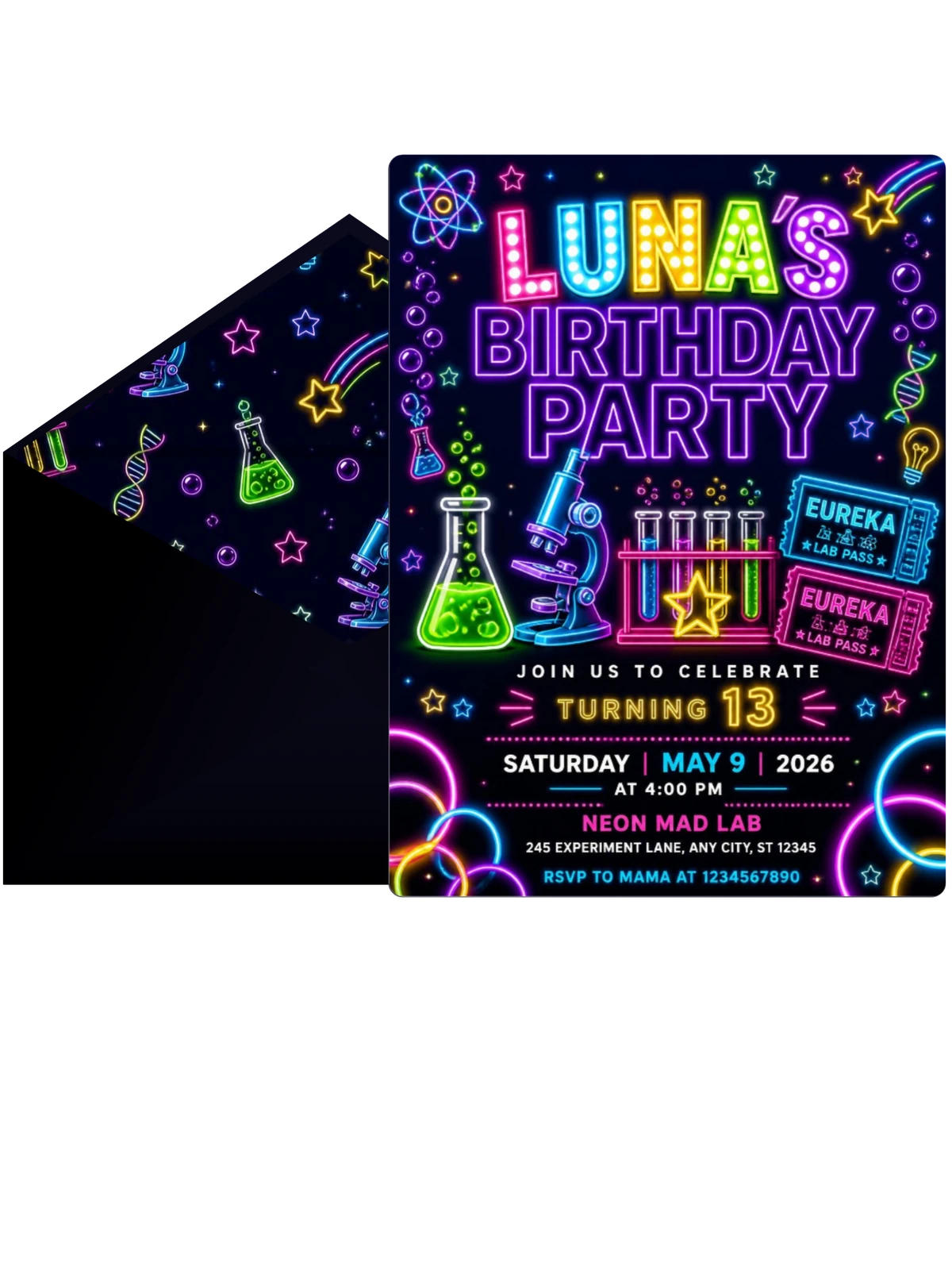 Neon Science Lab 13th Birthday Invitation