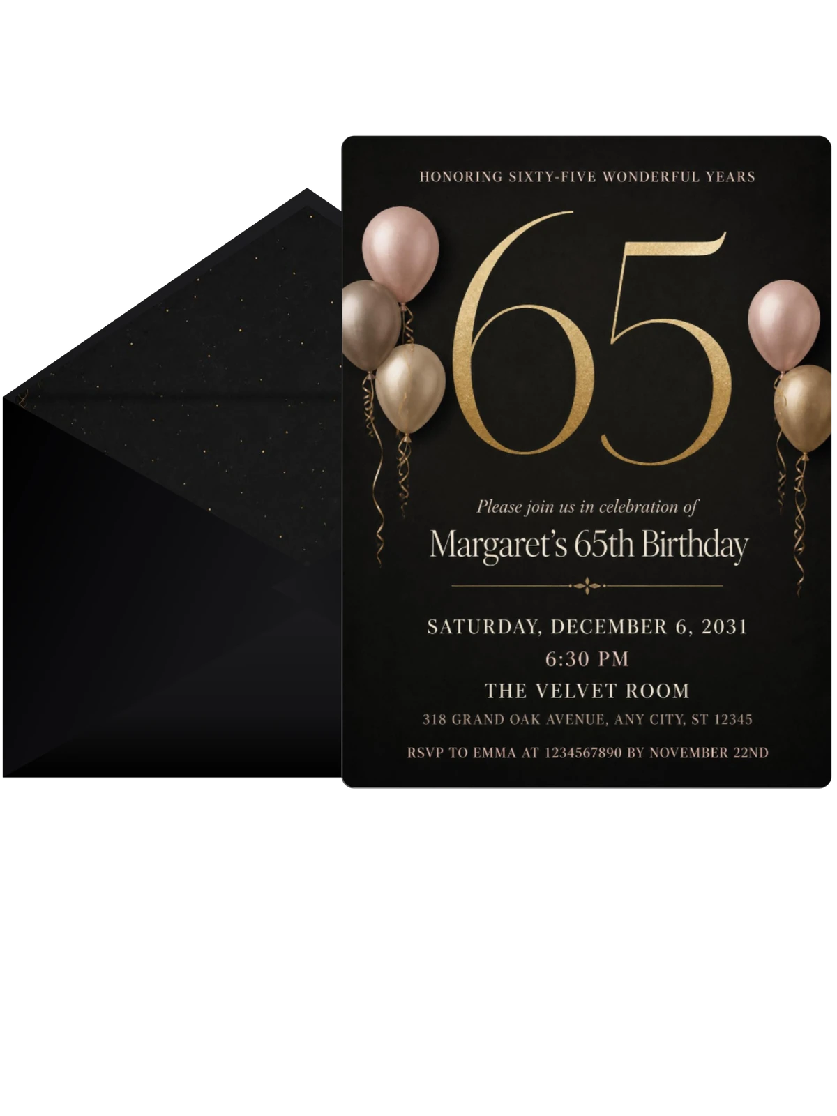 Charcoal and Blush 65th Birthday Invitation