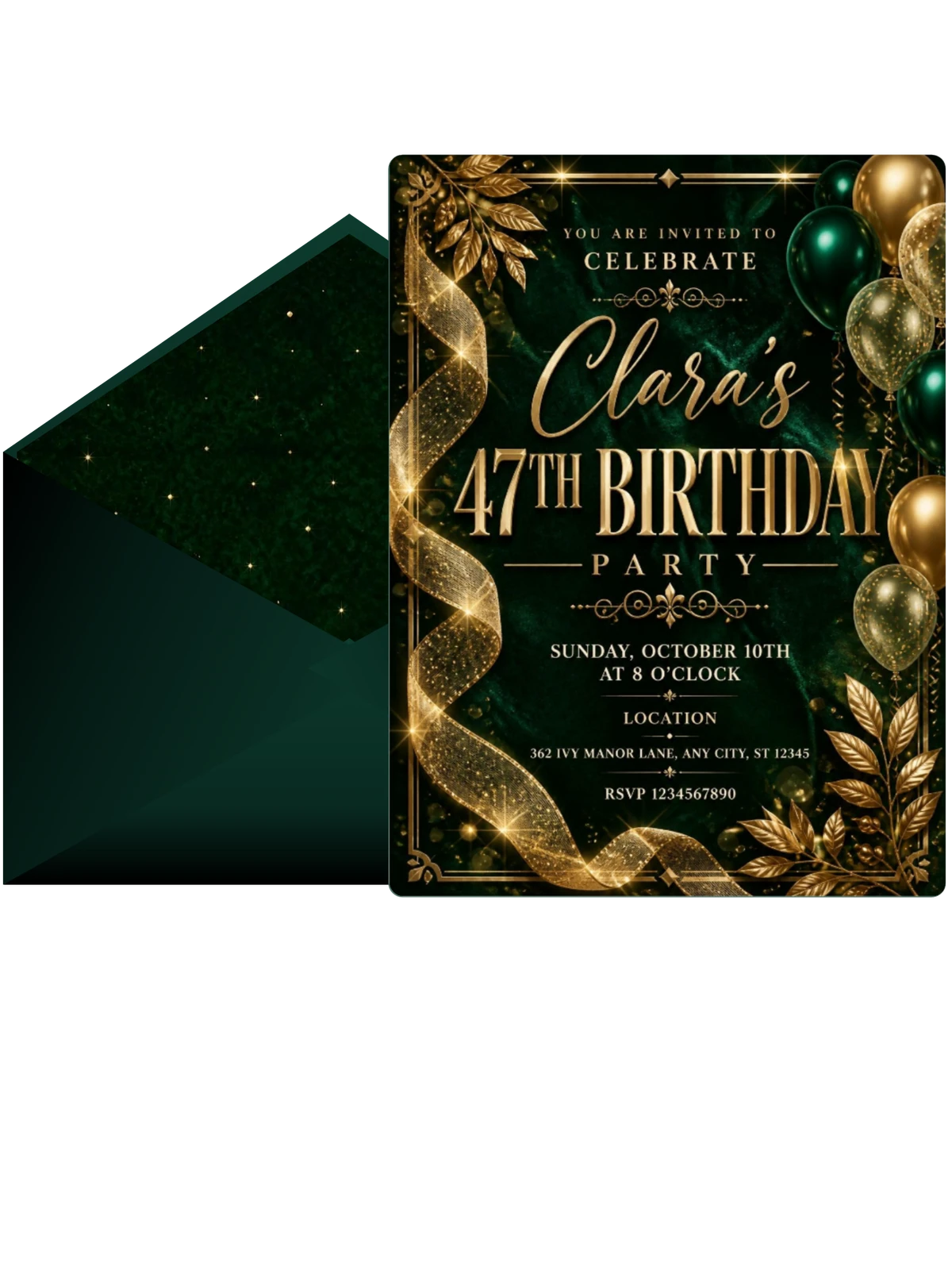 Emerald and Champagne 47th Birthday Invitation