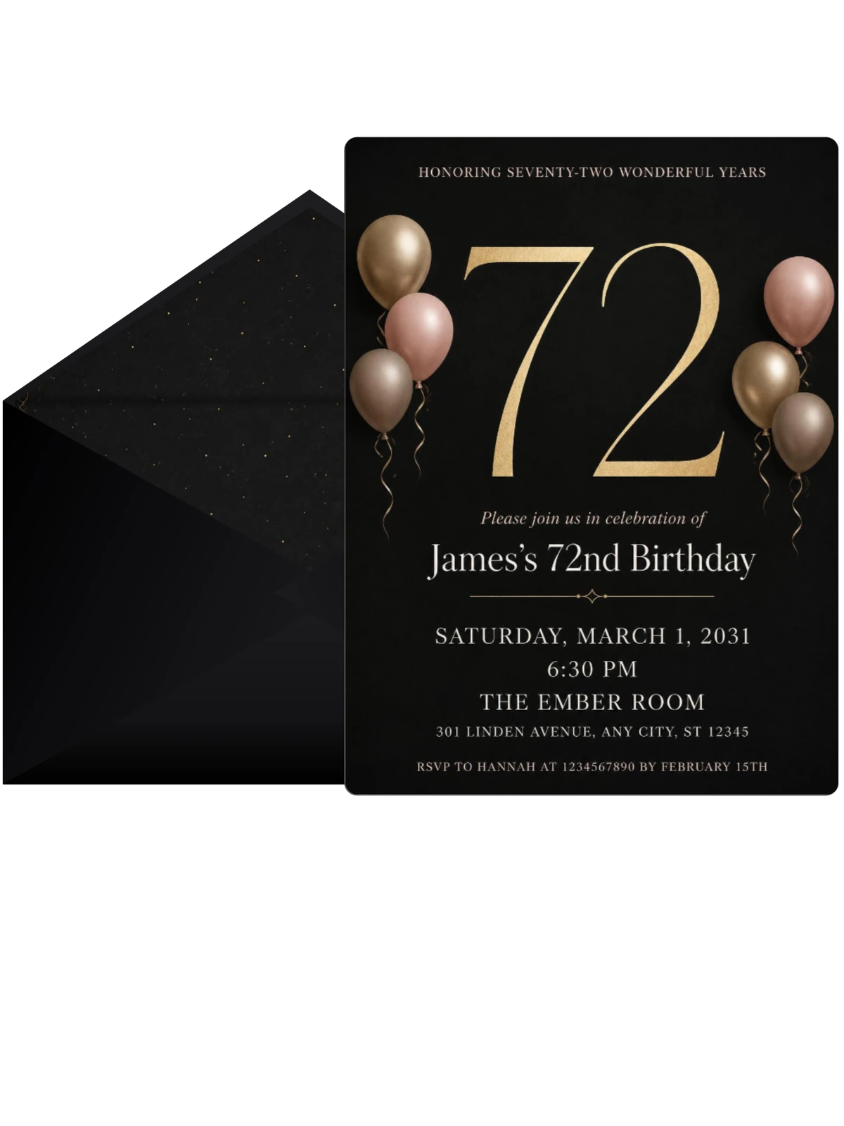 Charcoal and Blush 72nd Birthday Invitation