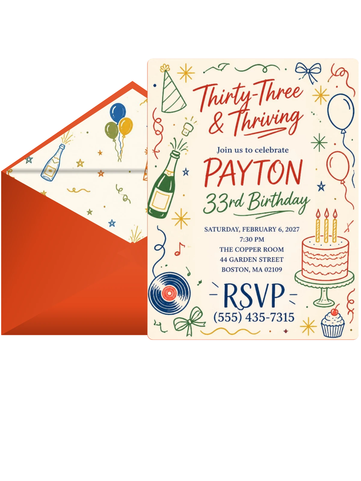 Retro Doodle 33rd Birthday Invitation