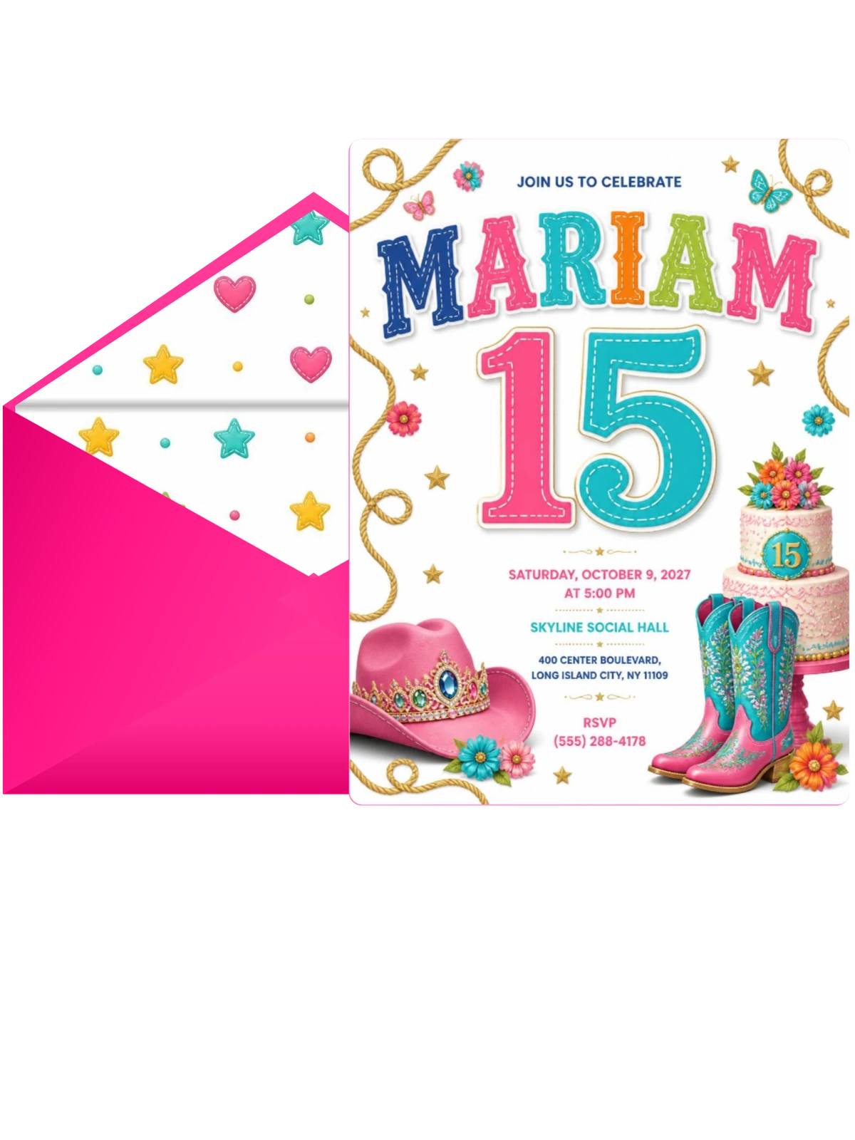 Pink Cowgirl 15th Birthday Party Invitation