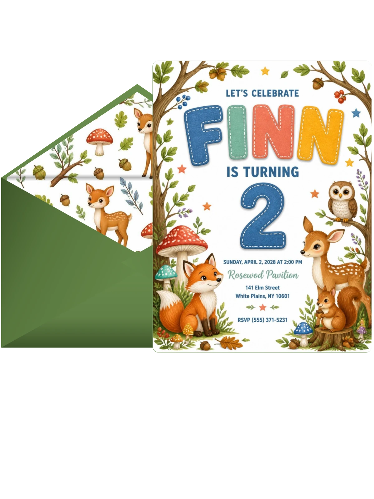 Stitched Woodland 2nd Birthday Invitation