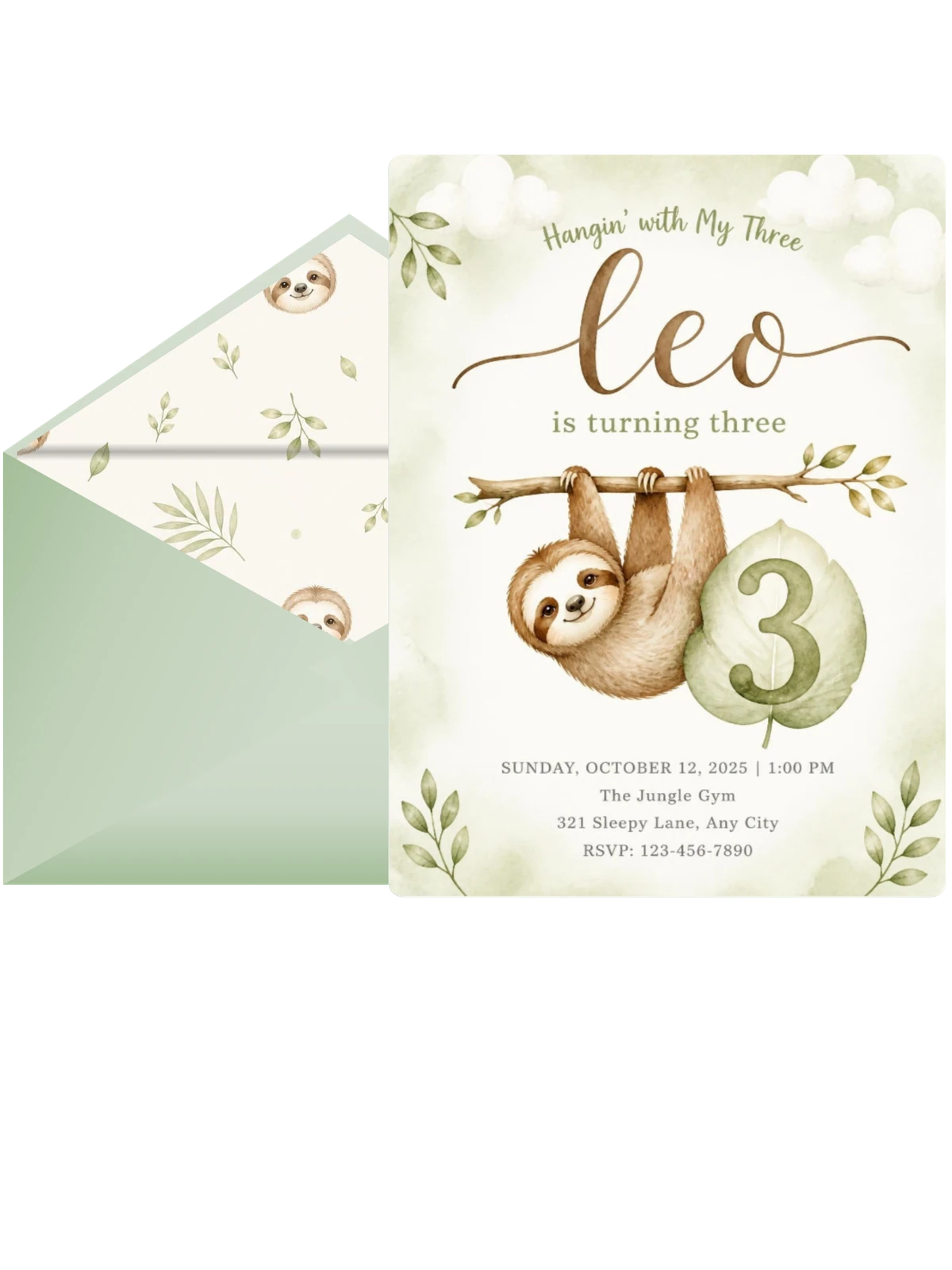 Watercolor Sloth Jungle 3rd Birthday Invitation