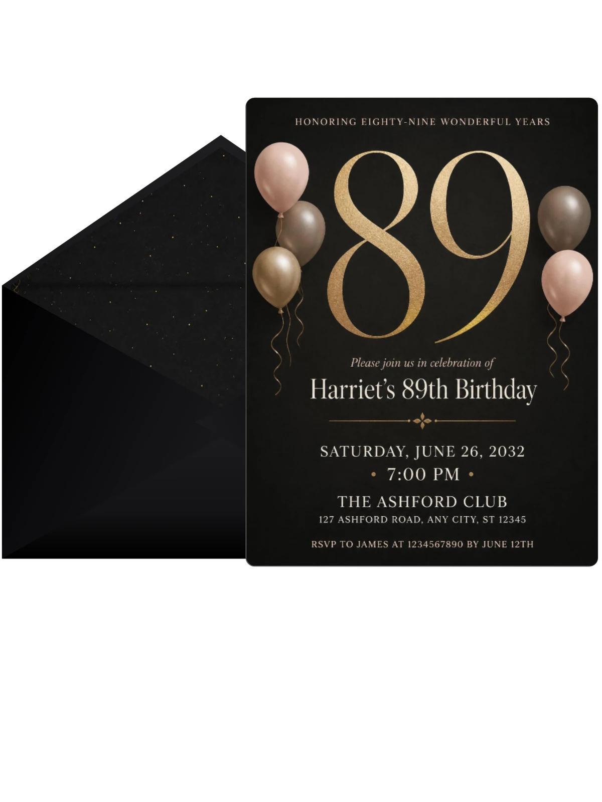 Charcoal and Blush 89th Birthday Invitation