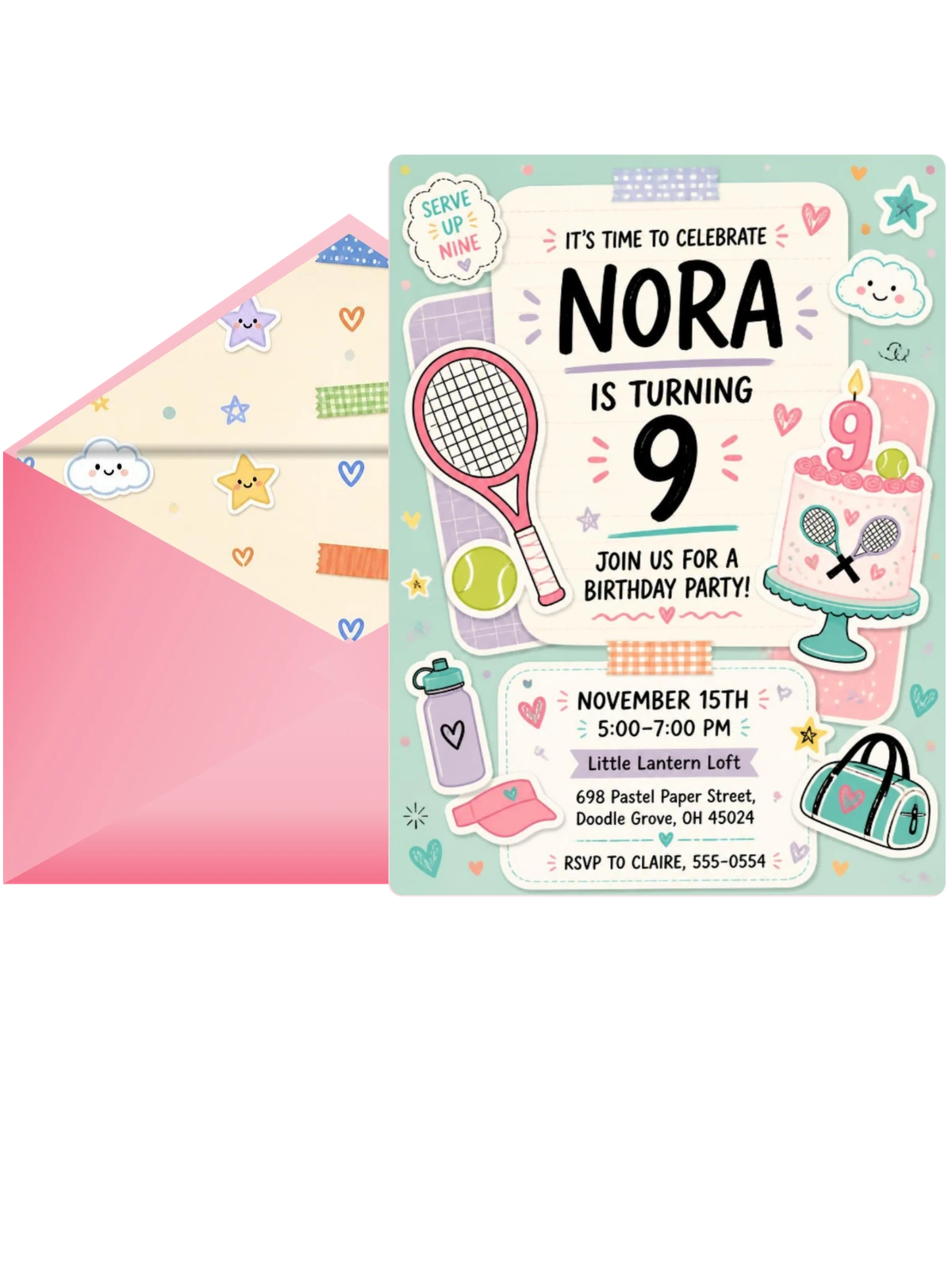 Tennis Racket Pastel 9th Birthday Invitation