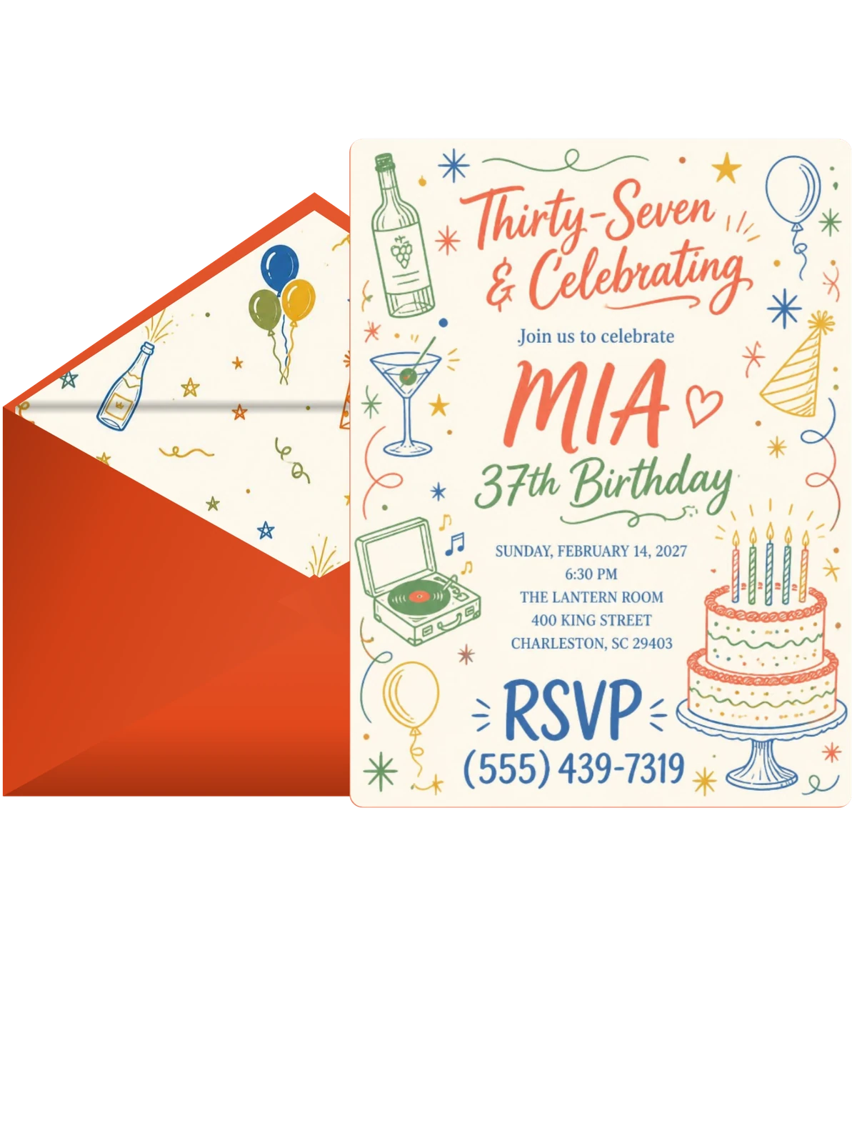 Retro Doodle 37th Birthday Invitation