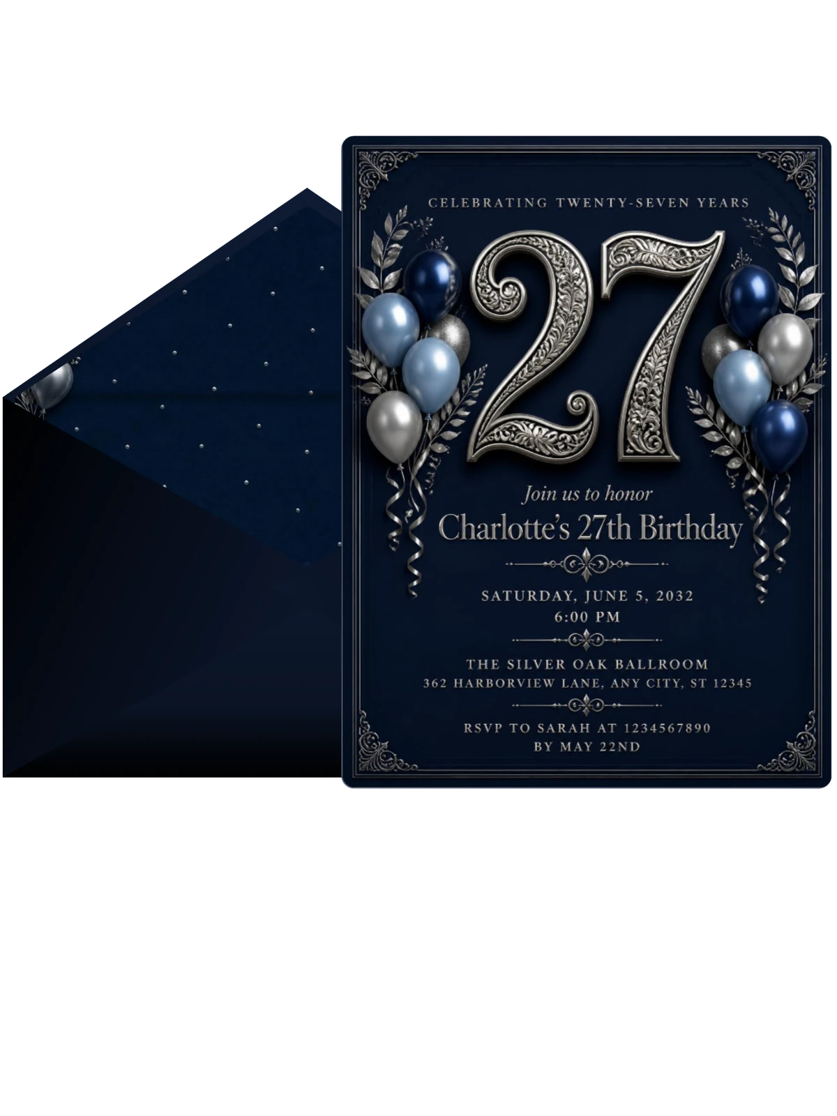 Navy and Silver 27th Birthday Invitation