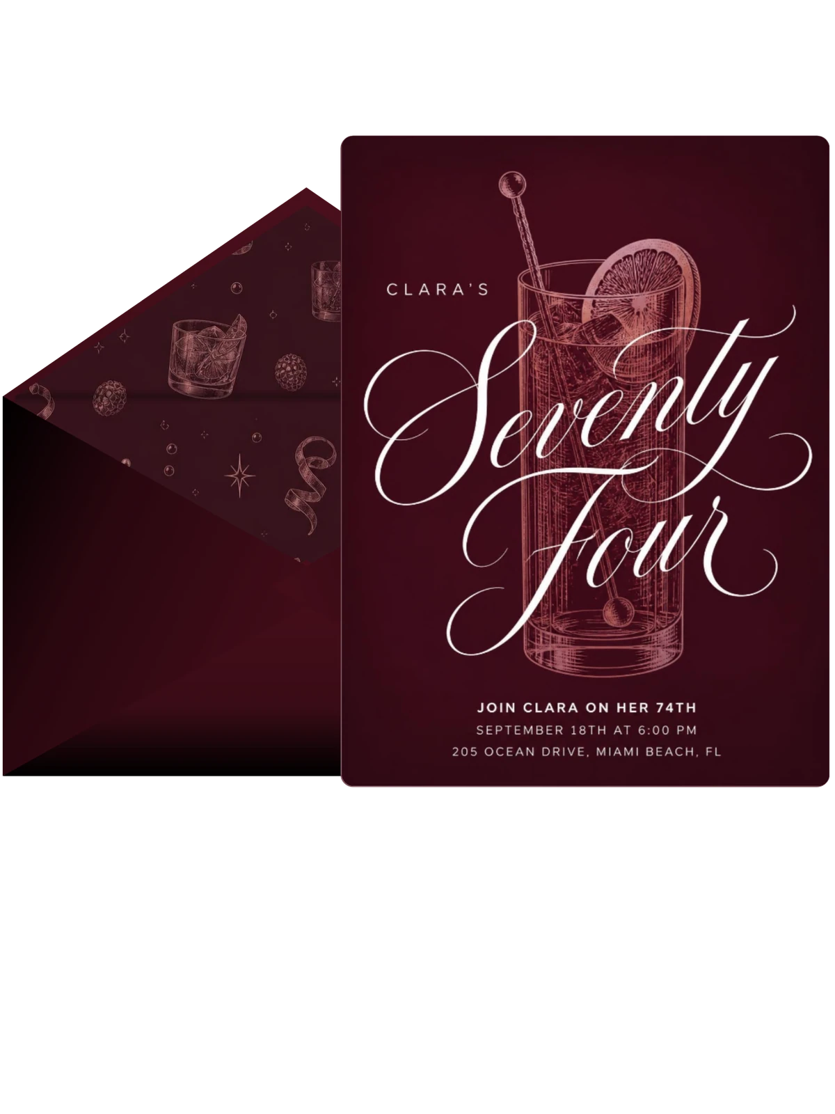 Burgundy Cocktail 74th Birthday Invitation