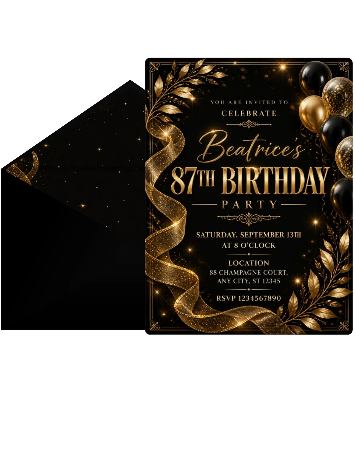 Black and Gold 87th Birthday Invitation