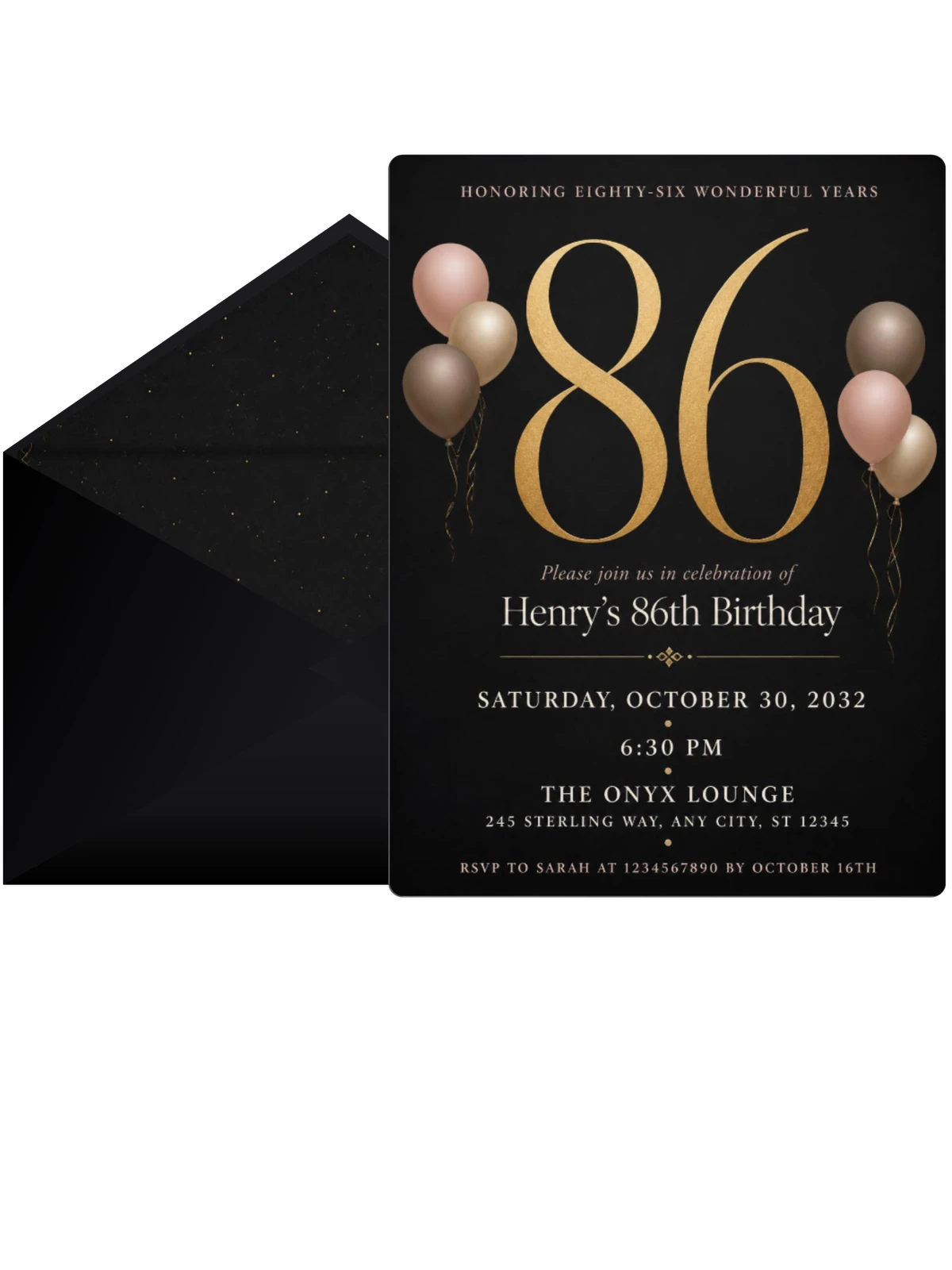 Charcoal and Blush 86th Birthday Invitation