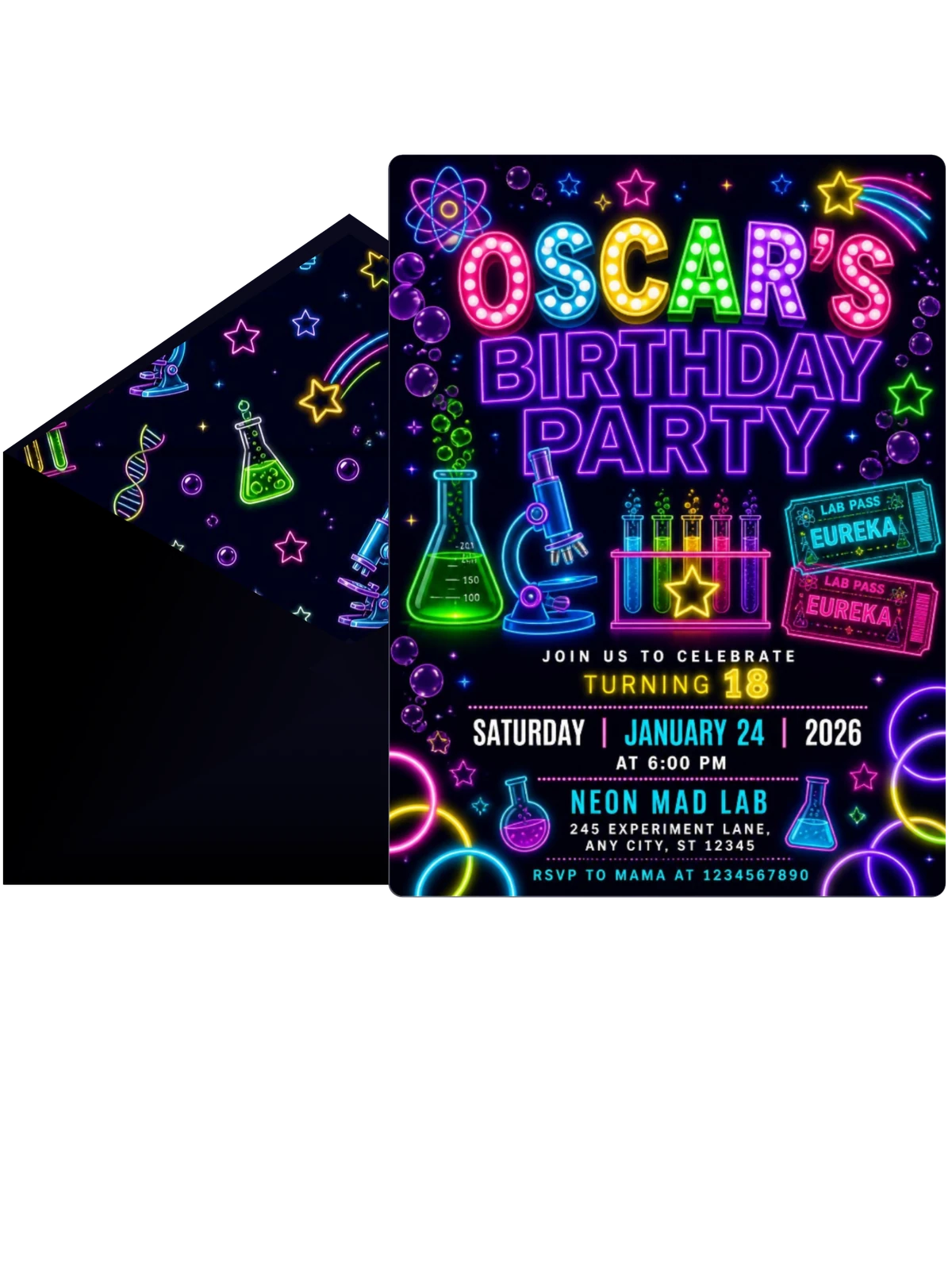 Neon Science Lab 18th Birthday Invitation