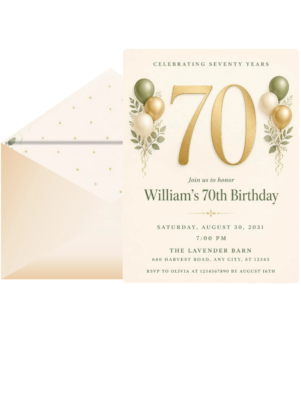 Sage and Ivory 70th Birthday Invitation