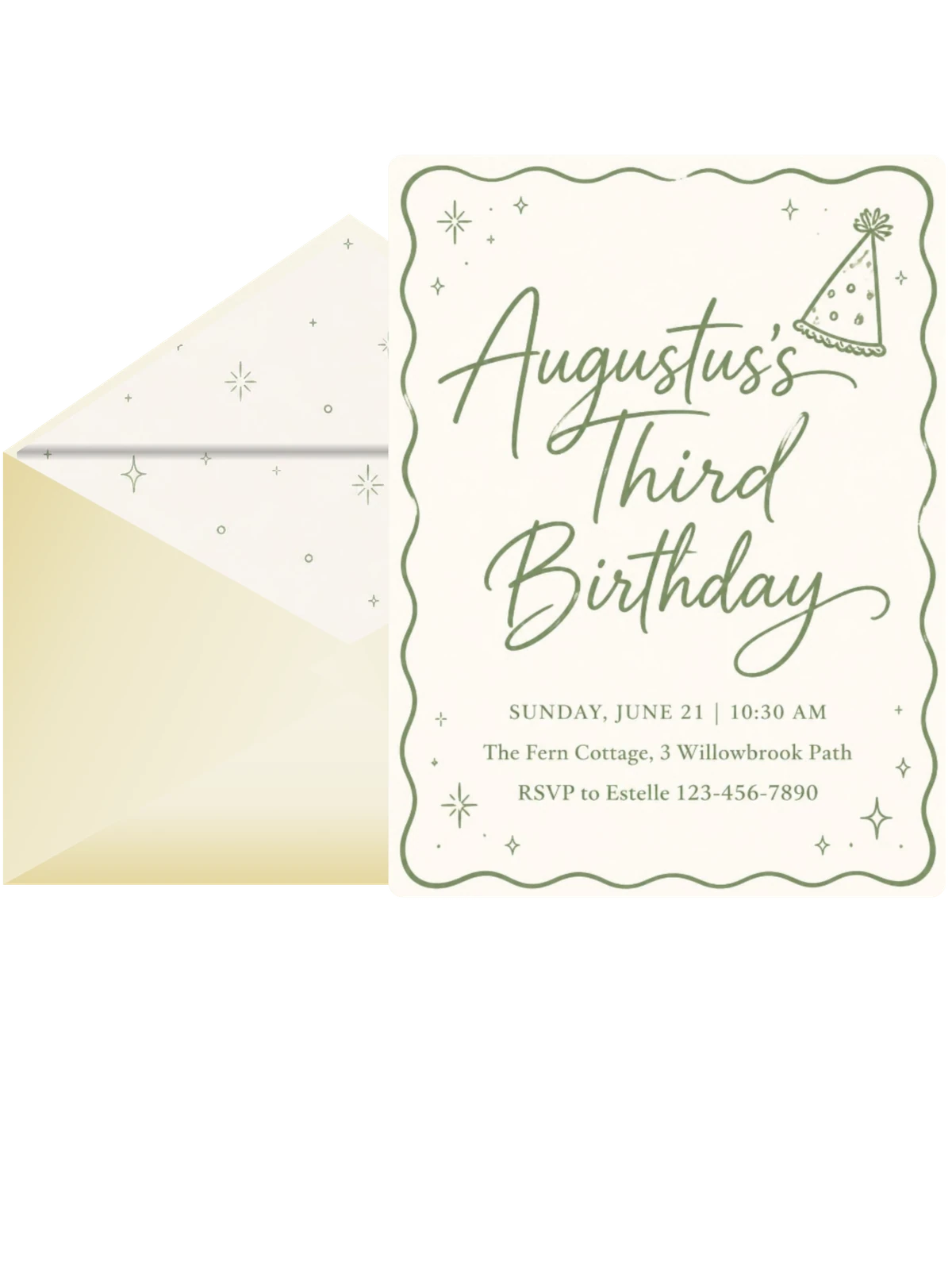 Sage Line-Art Party Hat 3rd Birthday