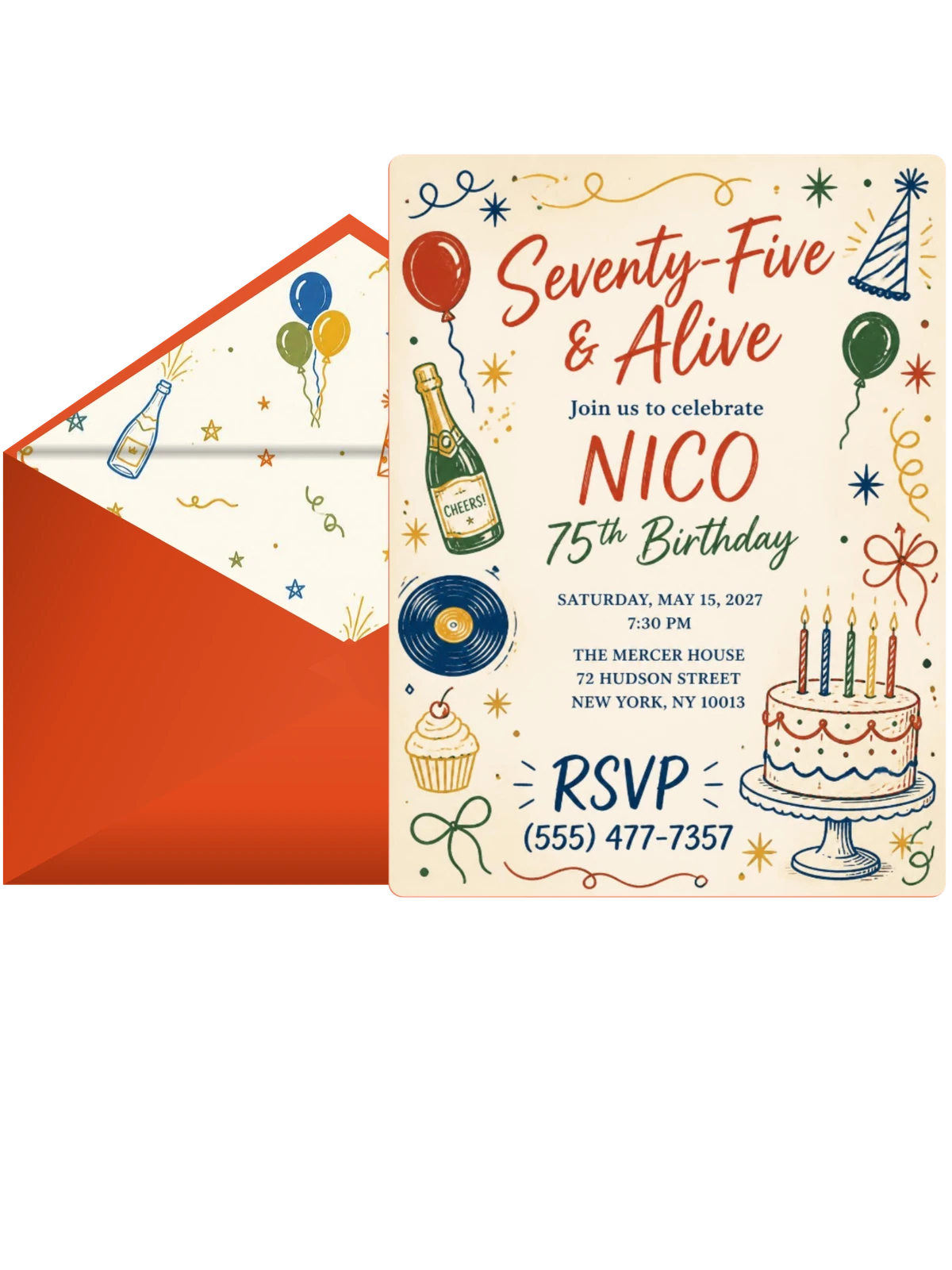 Retro Doodle 75th Birthday Invitation