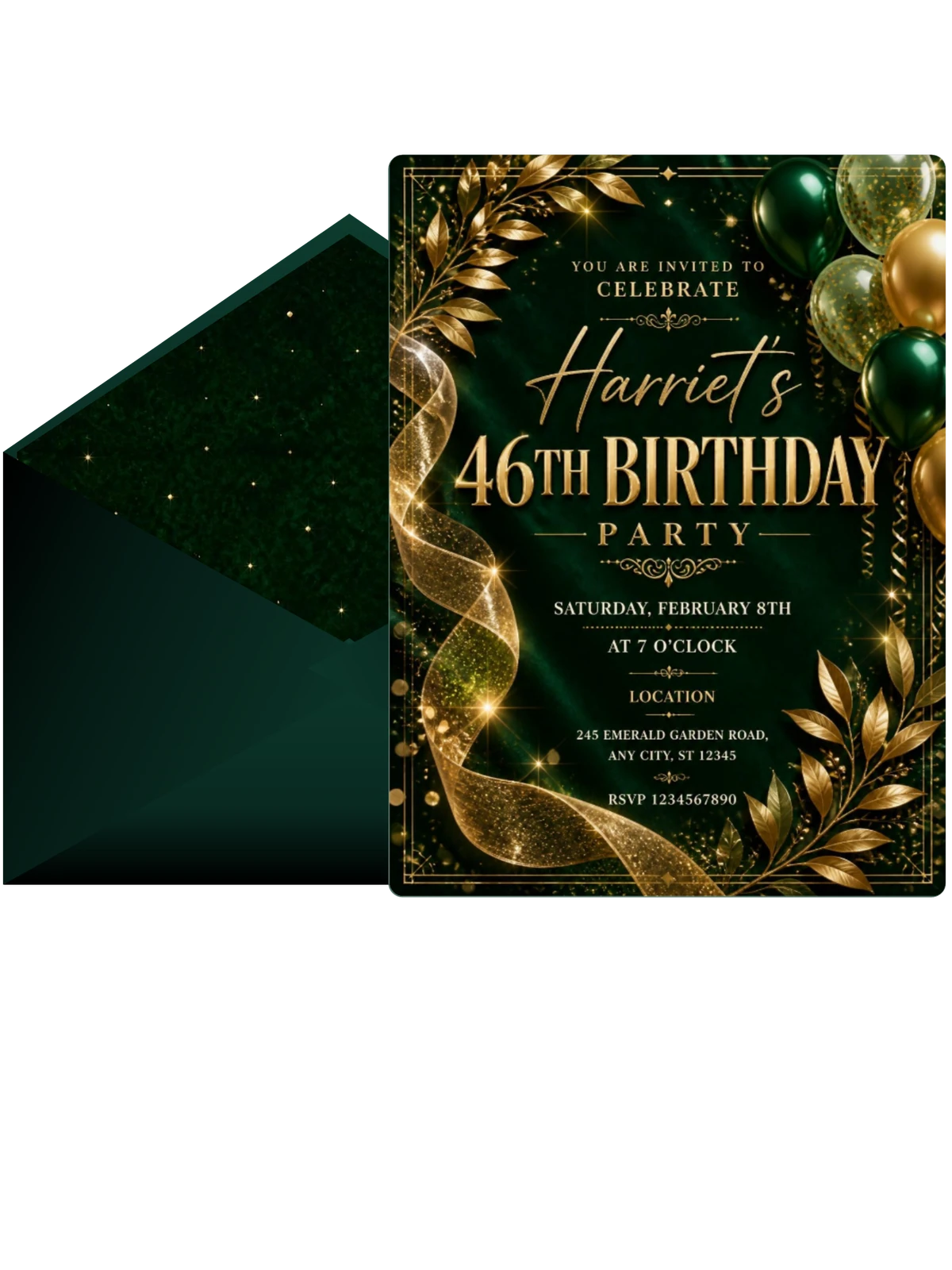 Emerald and Champagne 46th Birthday Invitation