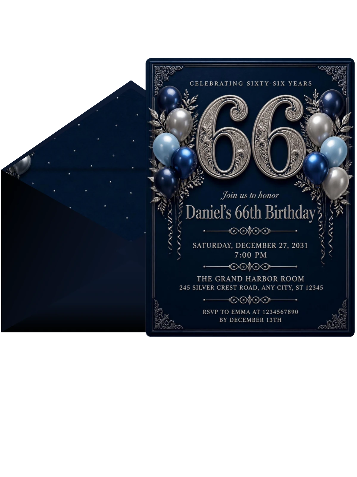 Navy and Silver 66th Birthday Invitation