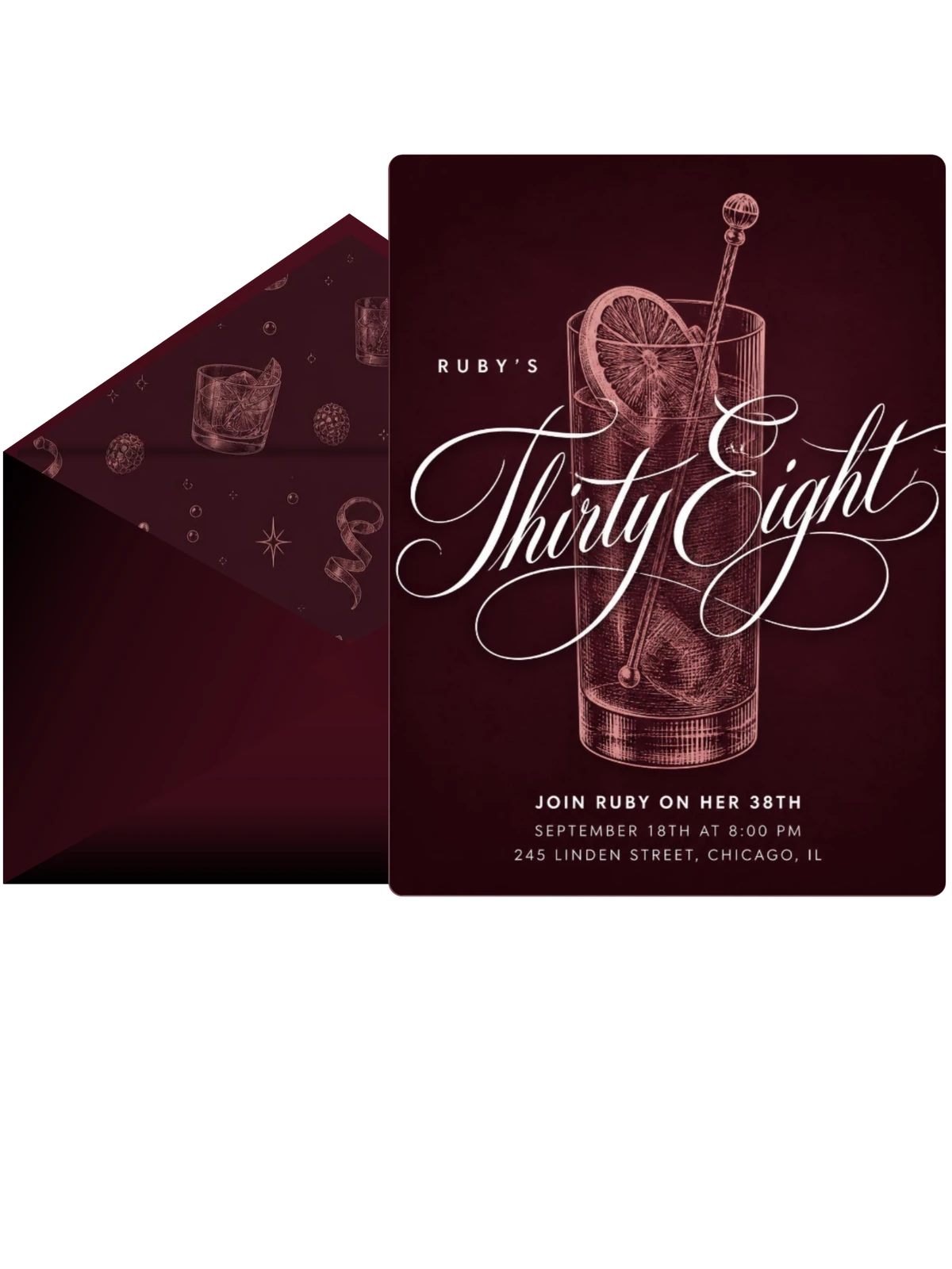Burgundy Cocktail 38th Birthday Invitation