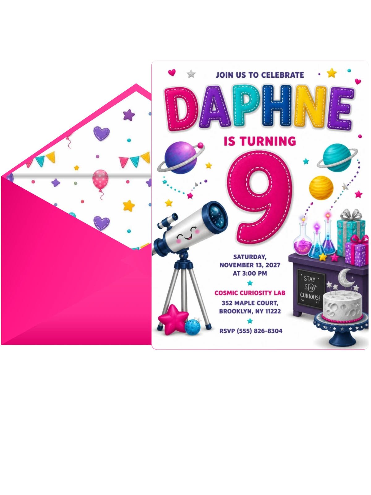 Telescope Stitched 9th Birthday Invitation