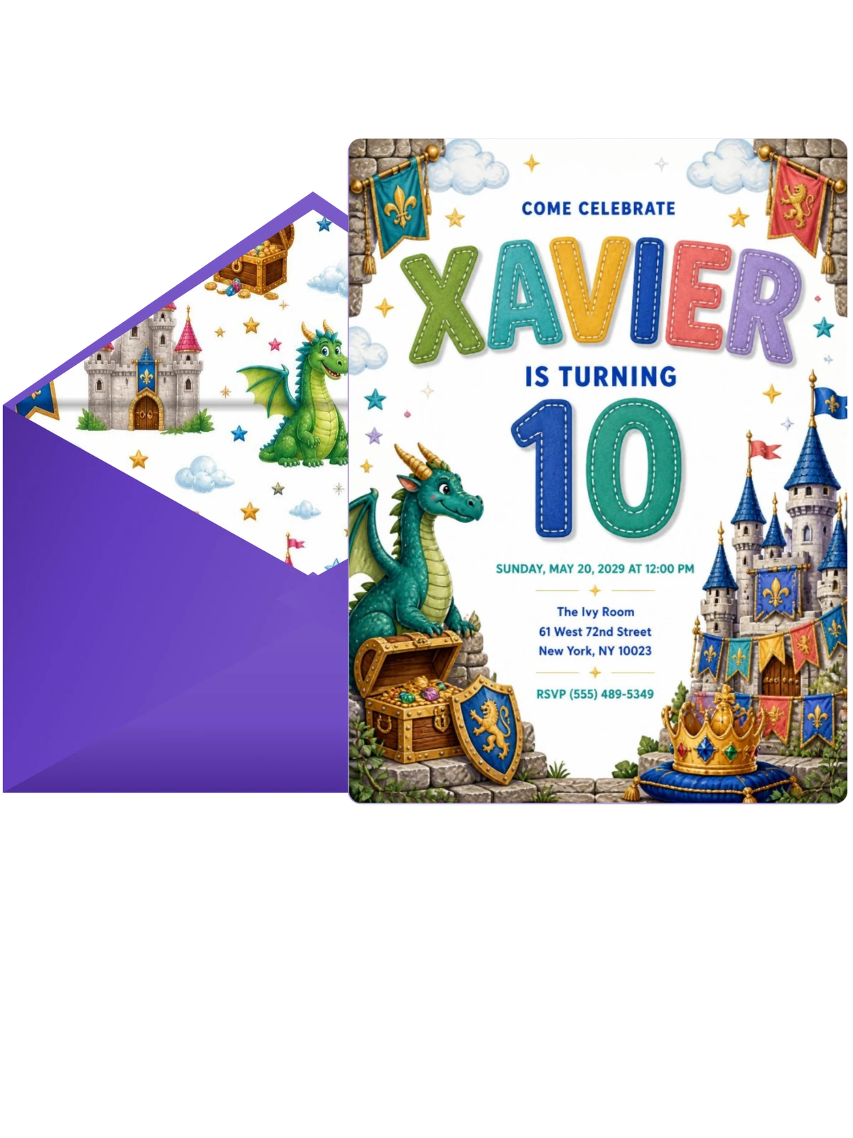Stitched Dragon Castle 10th Birthday Invitation