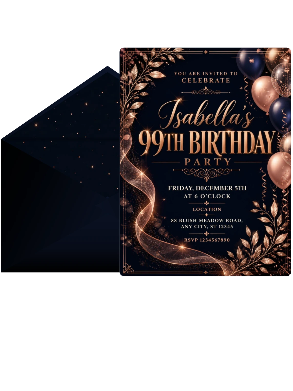Navy and Rose Gold 99th Birthday Invitation