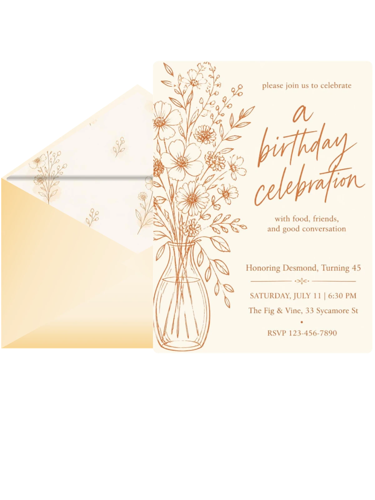 Copper Wildflower Line-Art 45th Birthday Invitation
