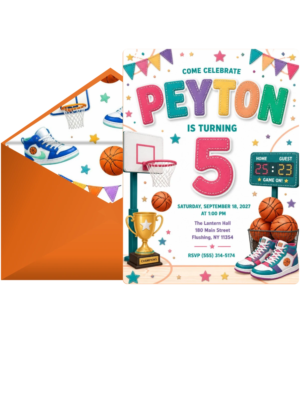 Stitched Basketball 5th Birthday Invitation