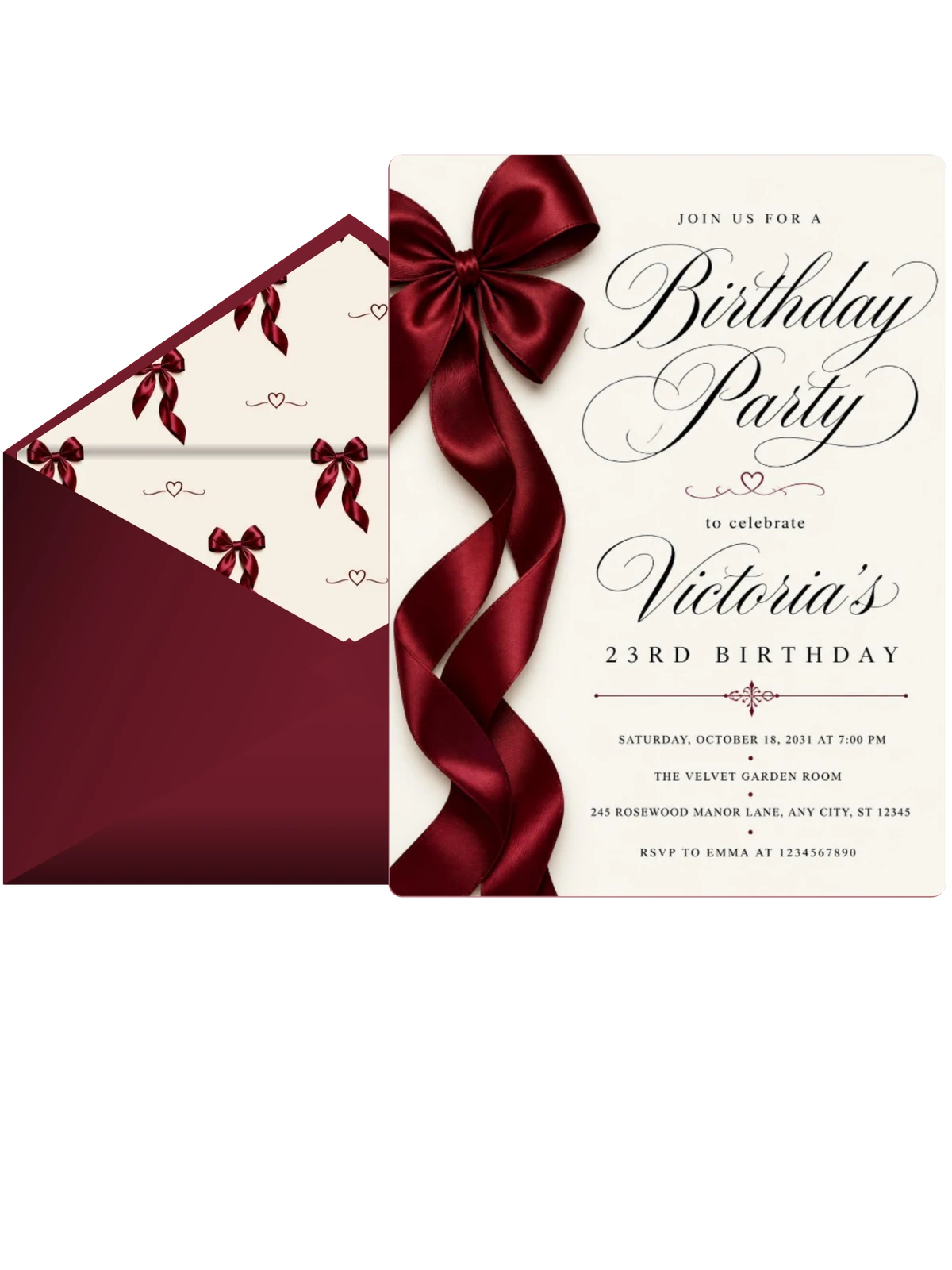 Burgundy Satin Bow 23rd Birthday Invitation