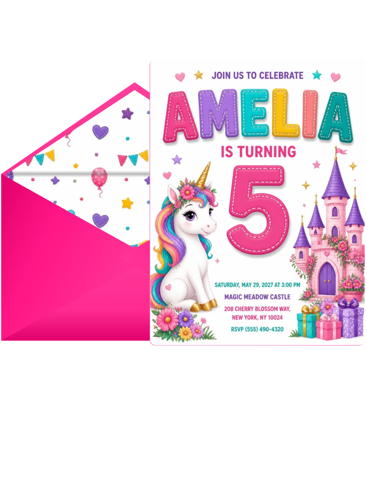 Stitched Unicorn Castle 5th Birthday Invitation