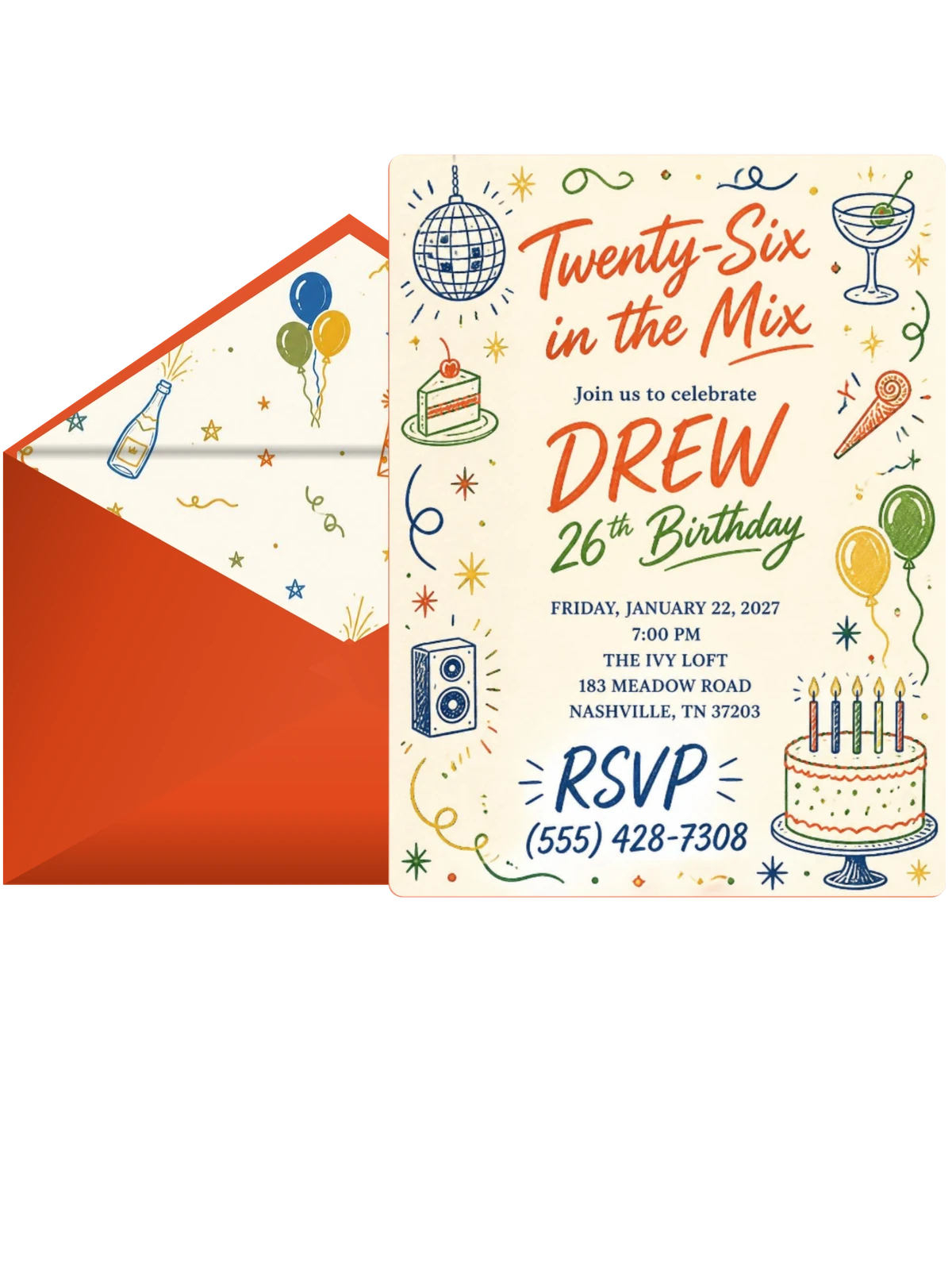 Retro Doodle 26th Birthday Invitation