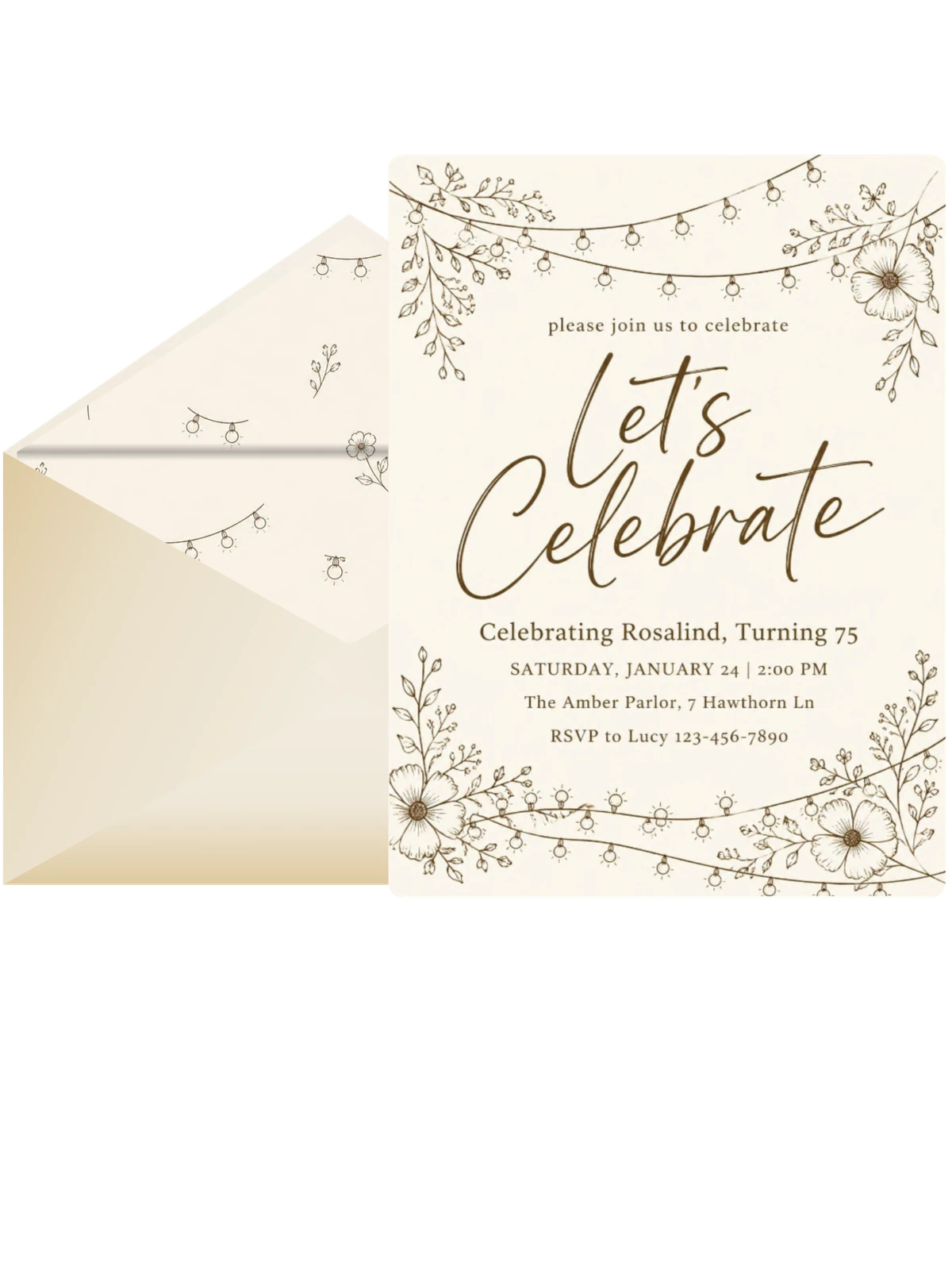 Sepia Line-Art Floral 75th Birthday Invitation