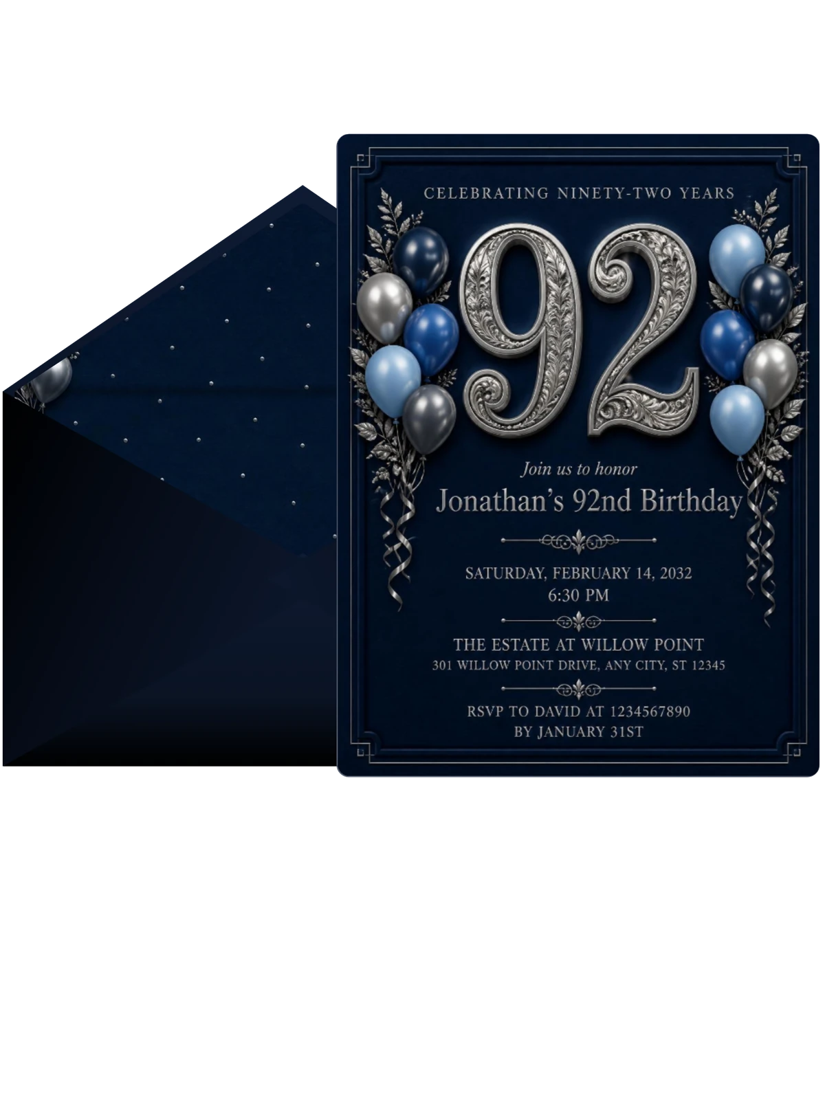 Navy and Silver 92nd Birthday Invitation