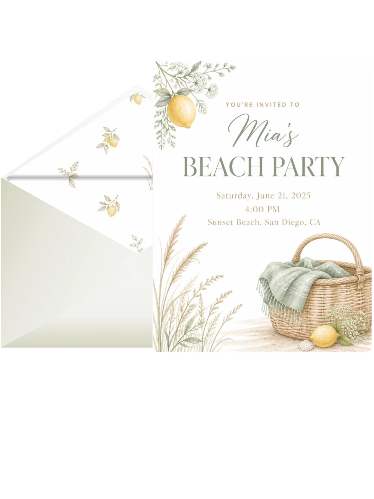 Watercolor Lemon Picnic Beach Party Invitation