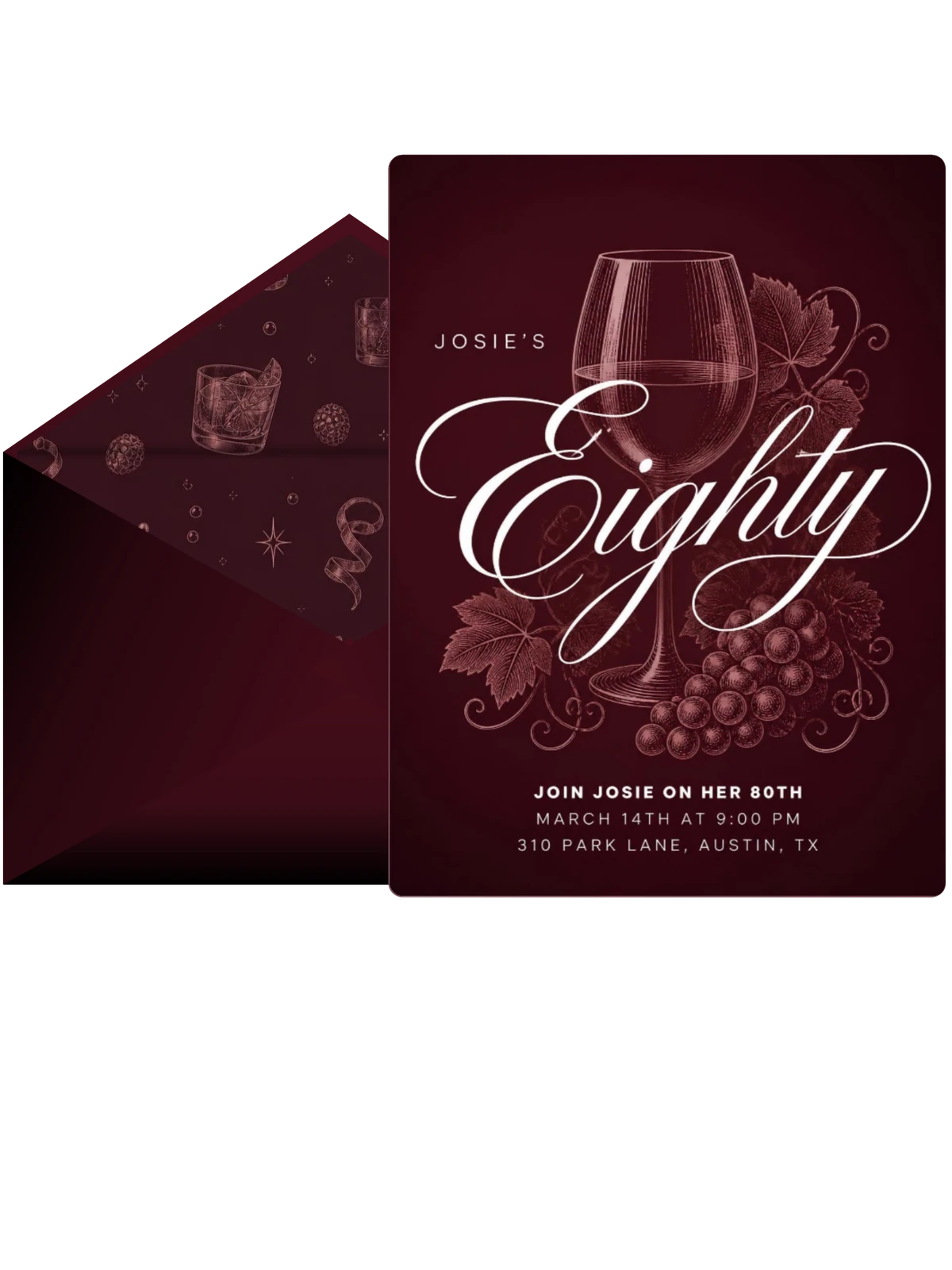 Burgundy Cocktail 80th Birthday Invitation