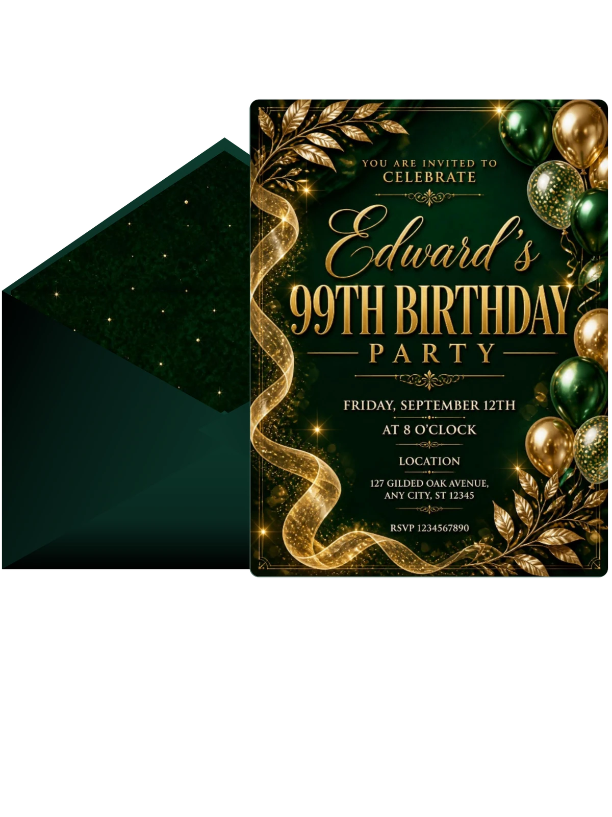 Emerald and Champagne 99th Birthday Invitation