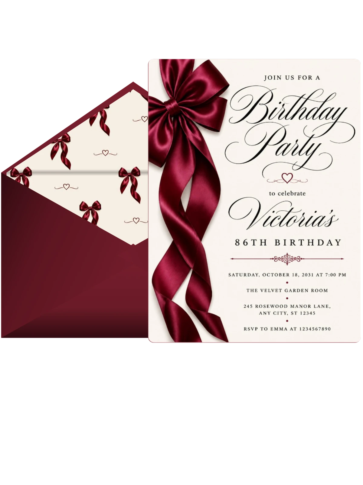 Burgundy Satin Bow 86th Birthday Invitation