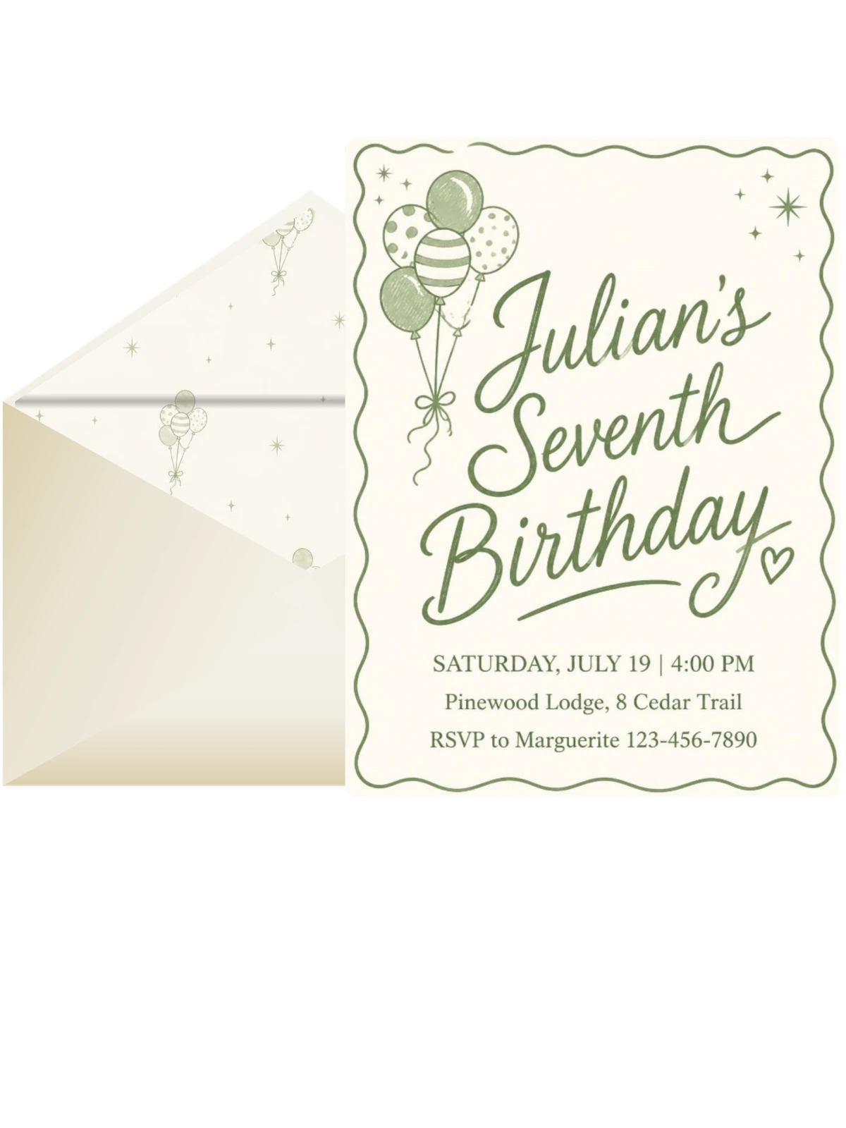 Olive Balloon Scalloped 7th Birthday Invitation